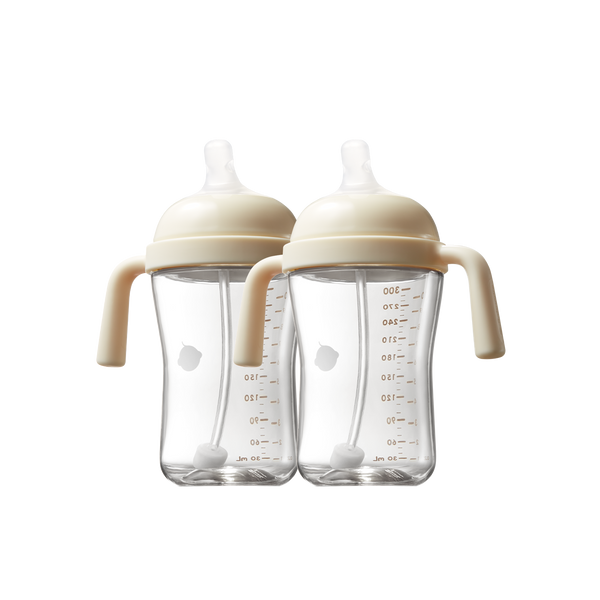2-pack beige anti-spill tilted sippy cups, eco-friendly baby bottles reducing plastic waste