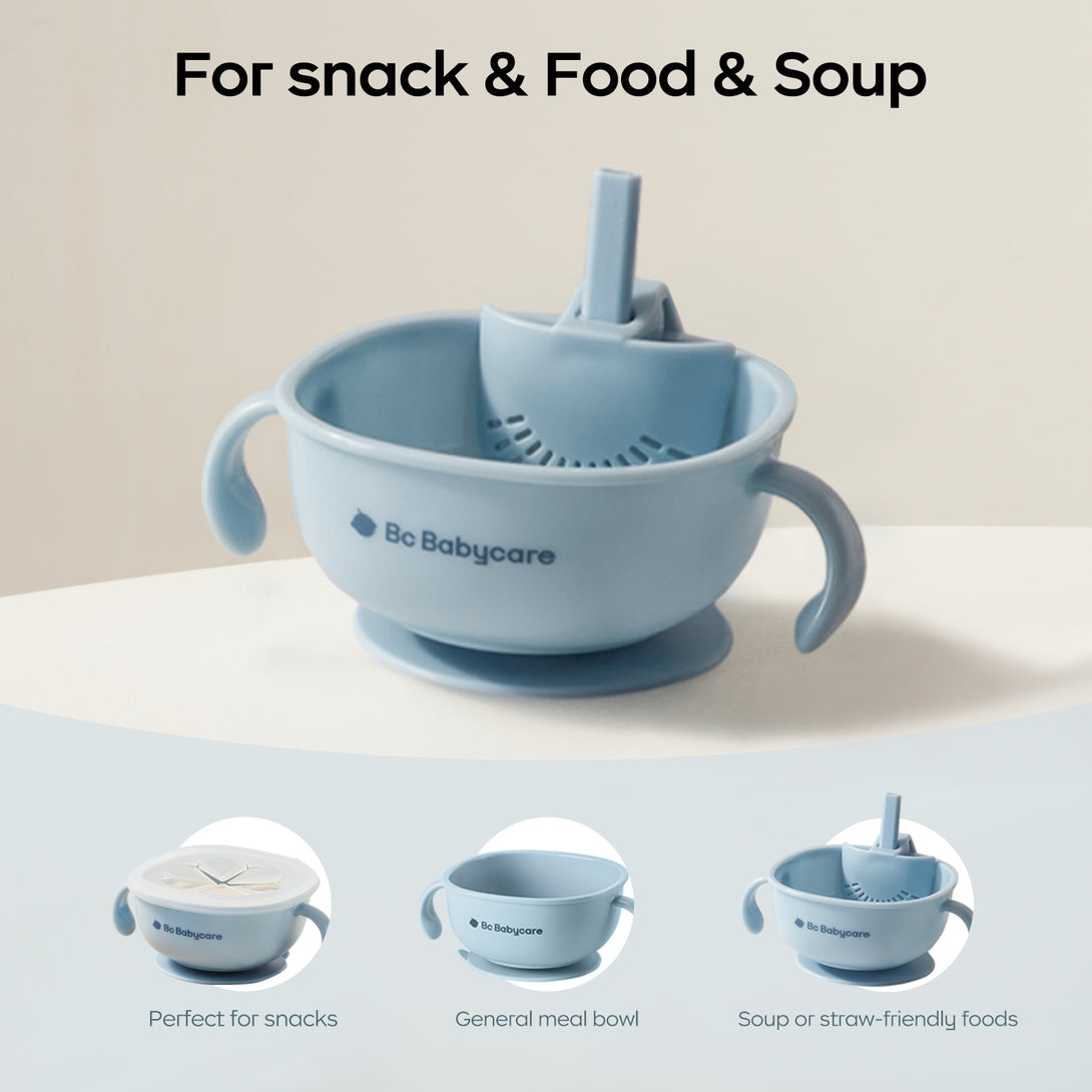 A blue snack bowl with straw and handle on table,below the image is a display of the bowl’s multiple uses.