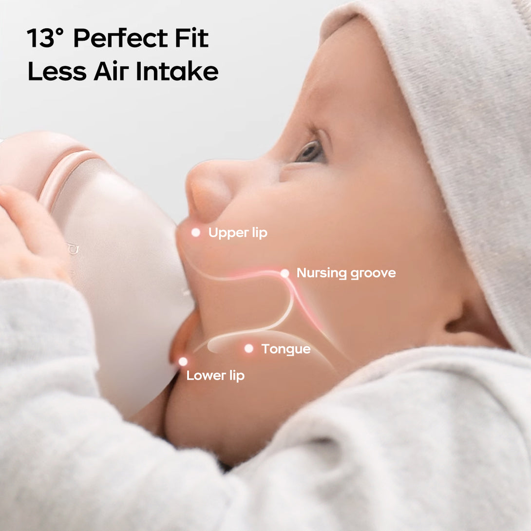 A baby is sucking a bottle, and the picture says 13° perfect fit less air intake