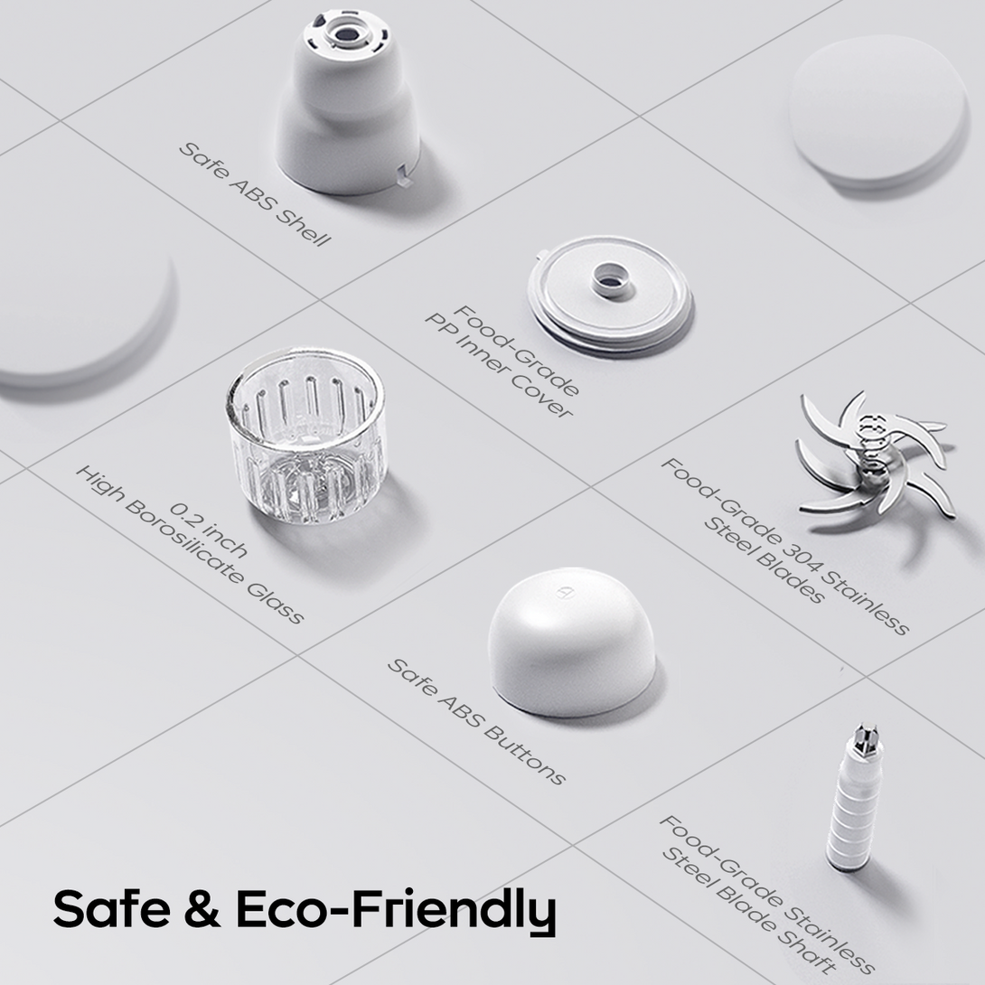 This image displays various components of a food processor. Each part is labeled with its material, such as “Safe ABS Shell”, “Food - Grade PP Inner Cover”, “0.2 inch High Borosilicate Glass”, “Food - Grade 304 Stainless Steel Blades”, “Safe ABS Buttons”, and “Food - Grade Stainless Steel Blade Shaft”. At the bottom, the text “Safe & Eco - Friendly” highlights the product’s safe and environmentally friendly nature.
