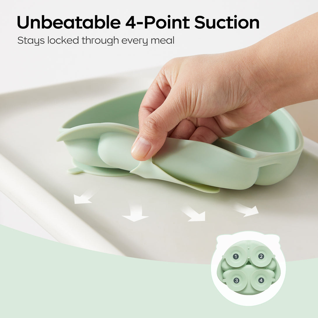 A silicone suction plate on a table, a hand pulling it forcefully to show strong adhesion. Top-left: 'Unbeatable 4-Point Suction' text. Bottom-right: close-up of plate’s underside. 