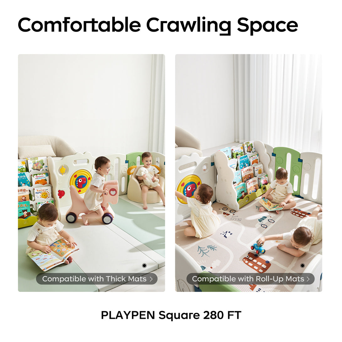 2 pictures of children playing in an indoor playpen, with the words "suitable for thick mats and roll up mats" written below the pictures
