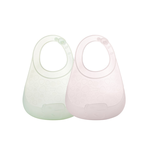 2-pack pink and green silicone bib  on a clean white background