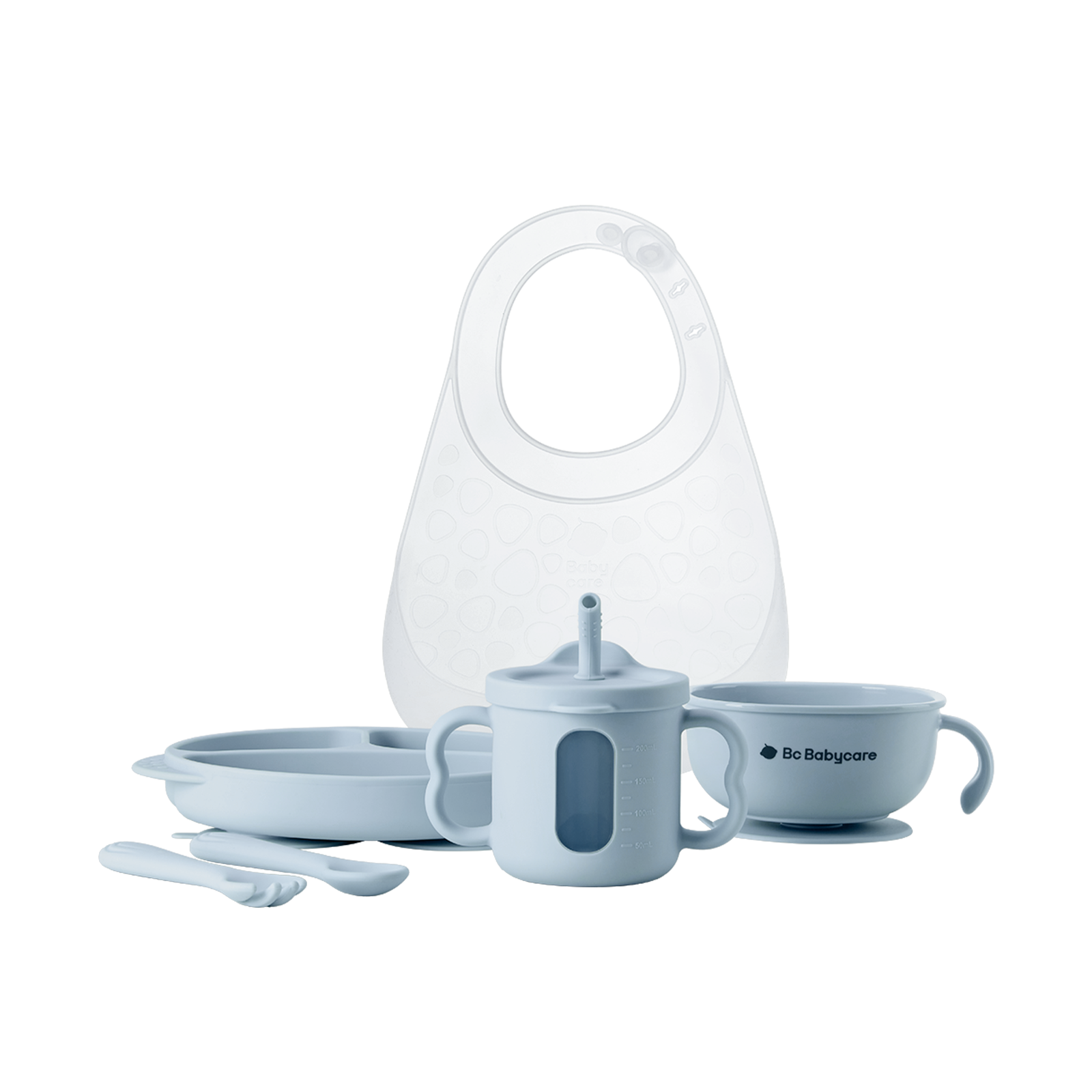 White background image of a blue baby tableware set, including a bib, plate, fork and spoon, cup, and bowl.