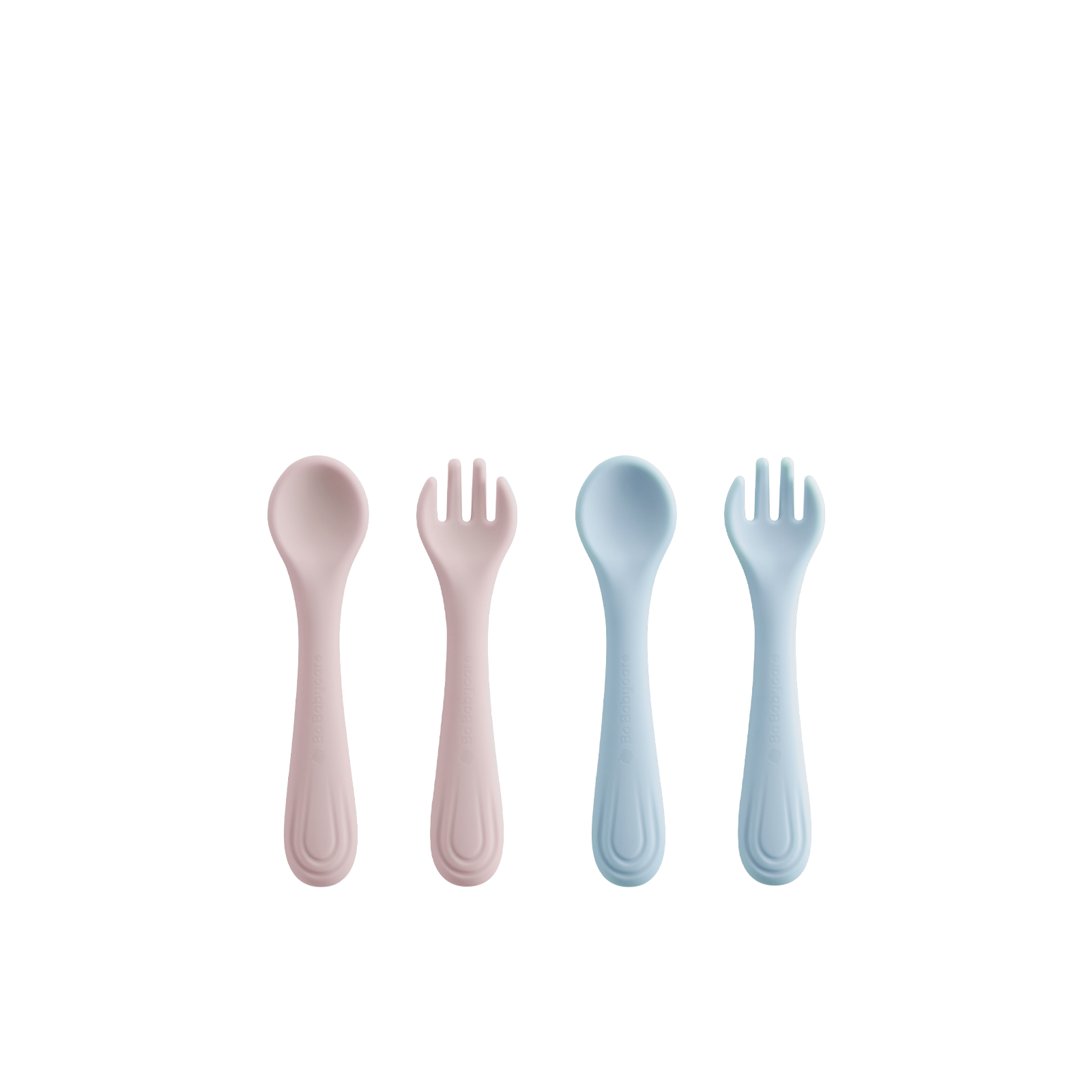 Two silicone fork and spoon sets, one blue and one pink, arranged on a white background (four pieces total).
