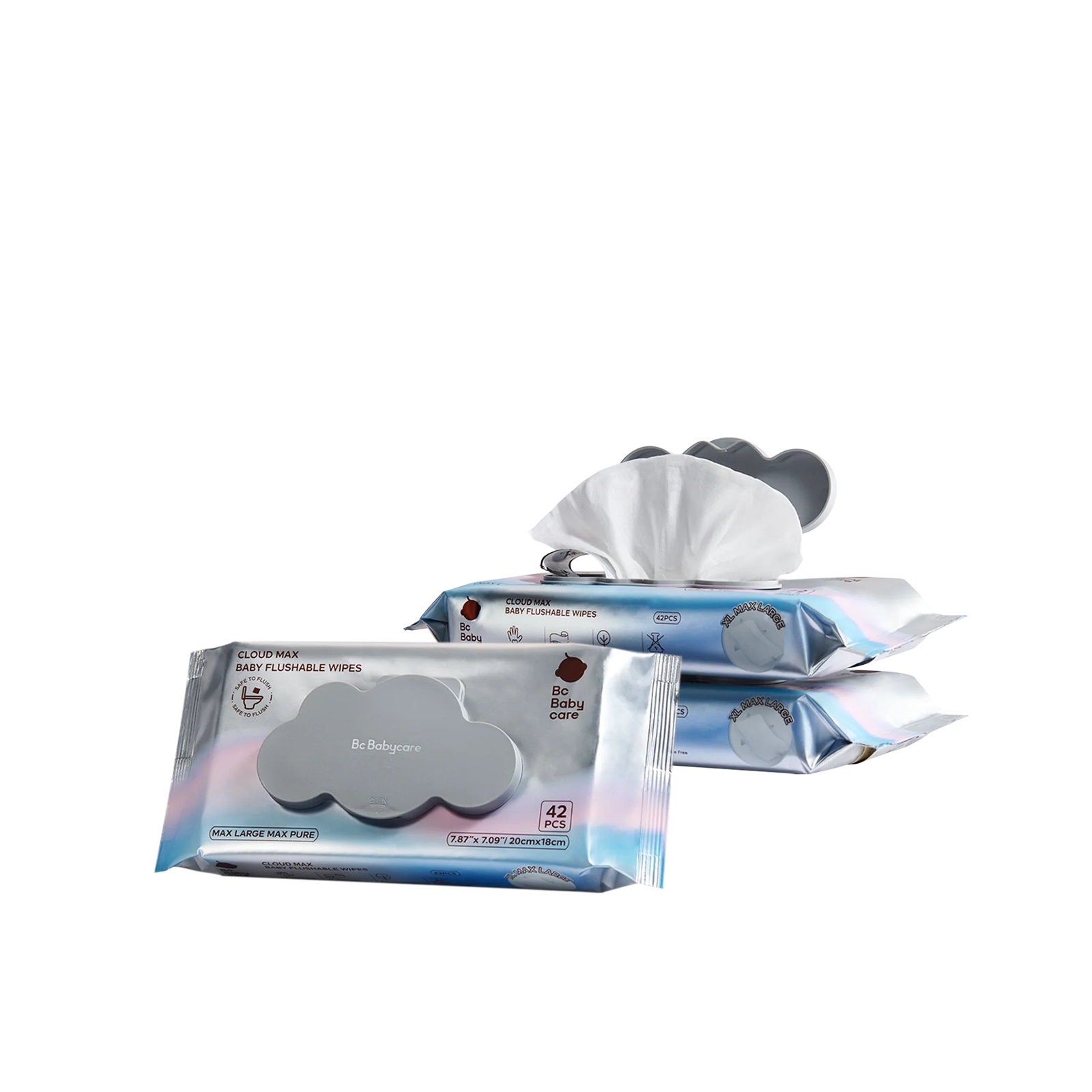 BC Babycare Cloud Max Baby Flushable Wipes in a 3-pack bundle, featuring the unique cloud-shaped lid and XL Max Large pure soft material.