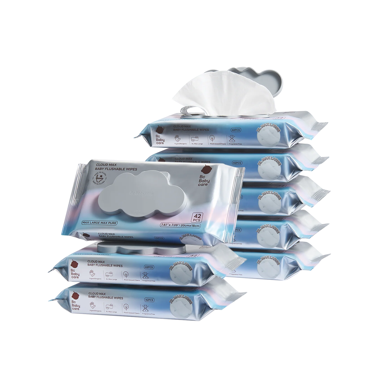 A tall stack of BC Babycare Cloud Max Baby Flushable Wipes, illustrating a stock-up option for hypoallergenic, septic-safe biodegradable wipes.