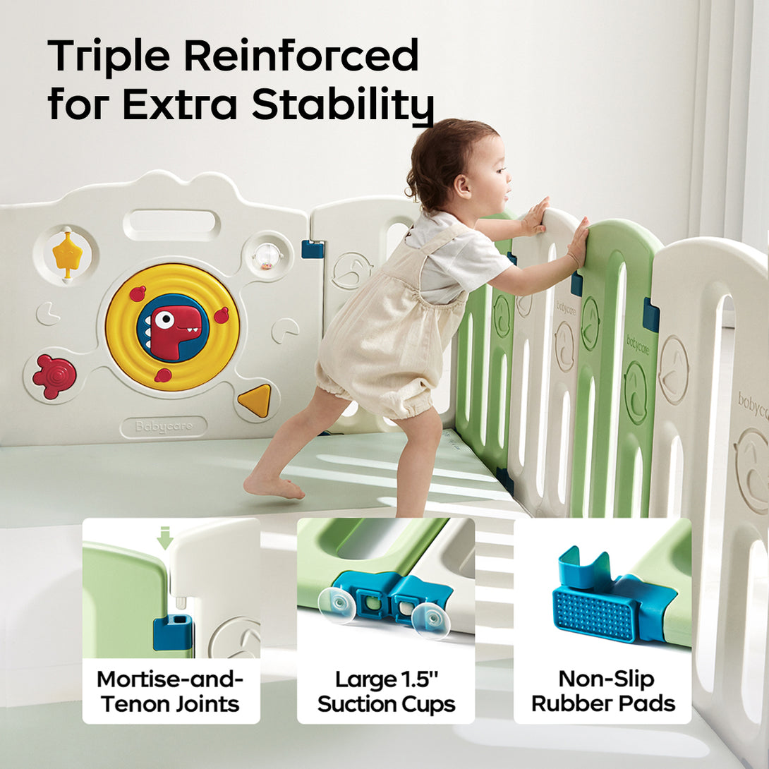 A child is playing in a playpen. Below the picture are three detailed pictures of the playpen, showing the safety design of the playpen.