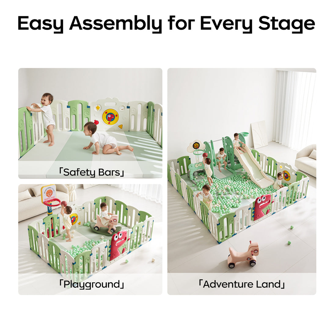 Three pictures showing different uses of playpen, with words "safety bars, playground,adventure land" written below them.
