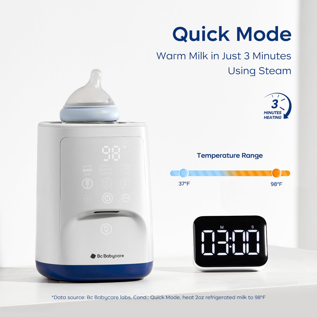 This image showcases the bc babycare Gyro VII Bottle Warmer. It features “Quick Mode” that warms milk in just 3 minutes using steam. The device displays “98°F”, with a temperature range indicator from 37°F to 98°F. A timer beside it shows “03:00”