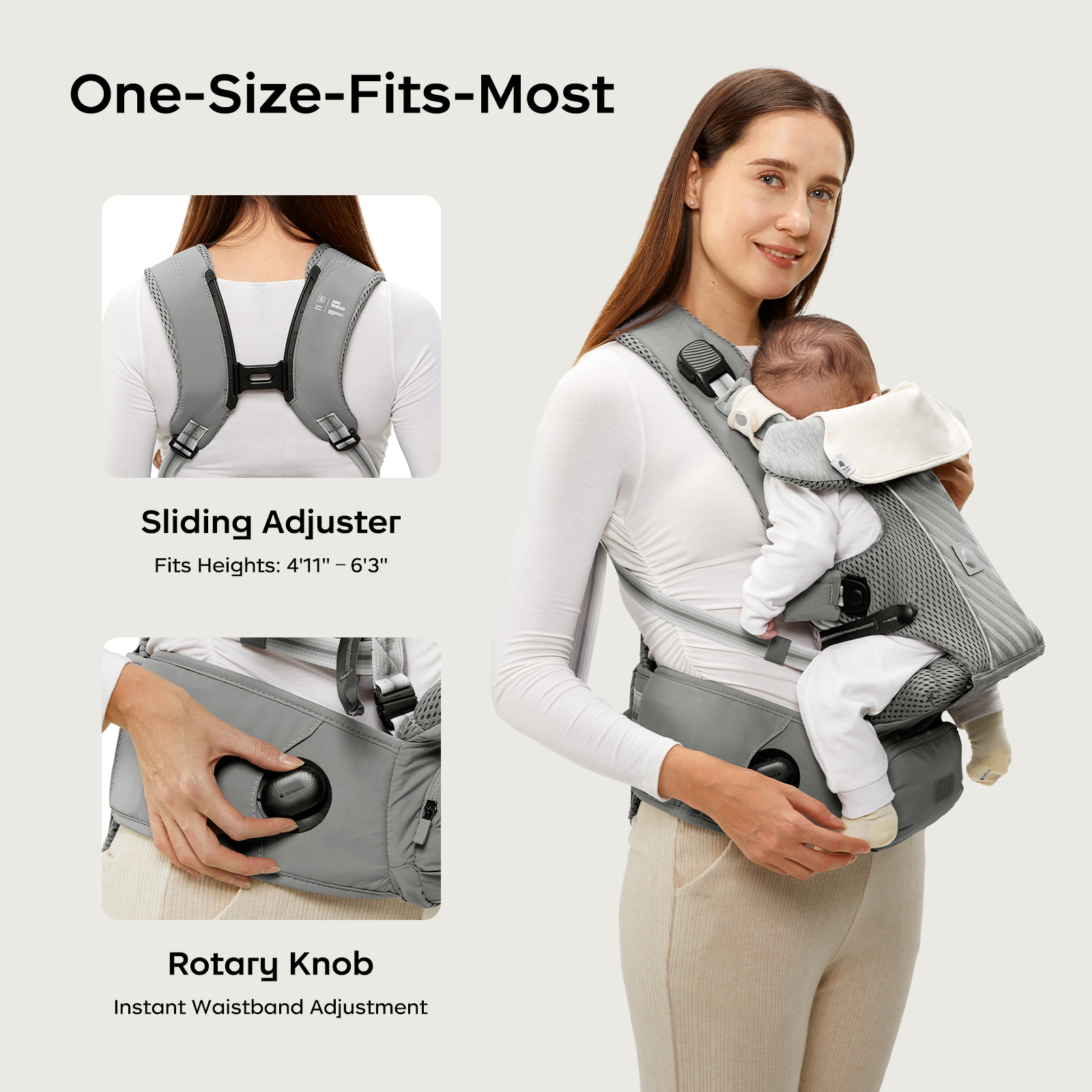 A mom adjusts her baby carrier’s sliding adjuster panel and waist rotary knob. Top text: “ONE SIZE FITS MOST