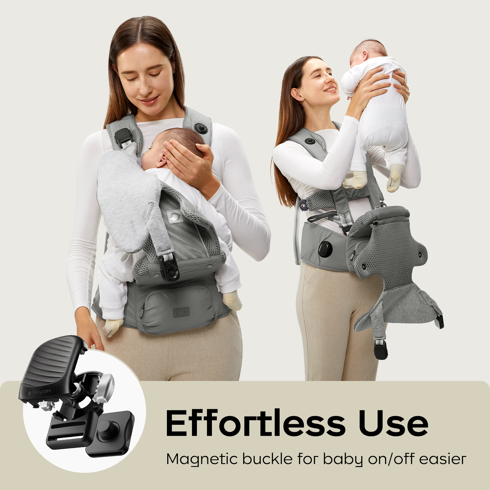 A mother gently removes her baby from a carrier, with the image highlighting a magnetic buckle at the shoulder strap. The text below reads: 