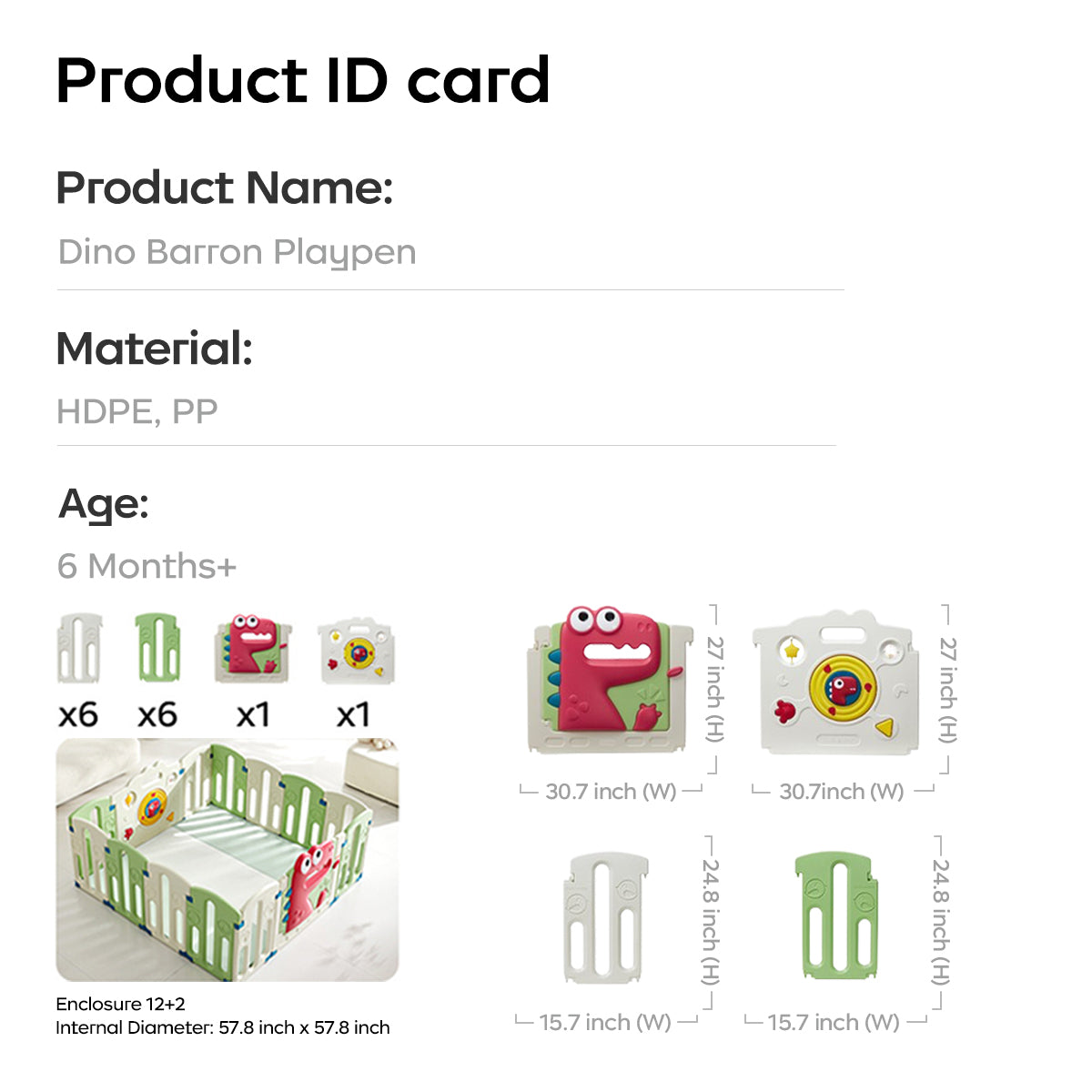 A picture of the playpen's ID card, which contains some basic information  and dimensions about the playpen