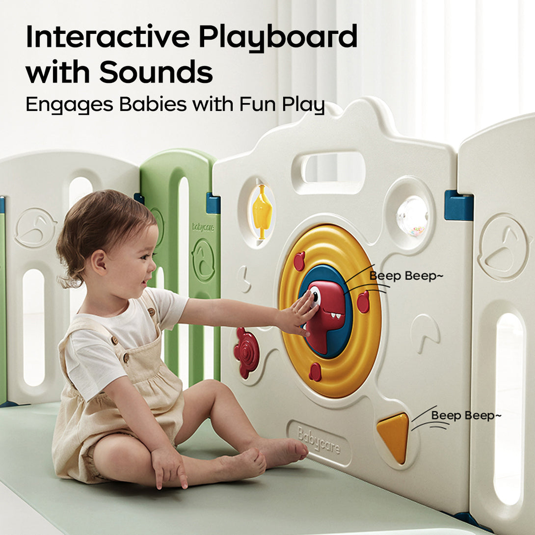 A child was pressing the playboard on the playpen and making a sound.
