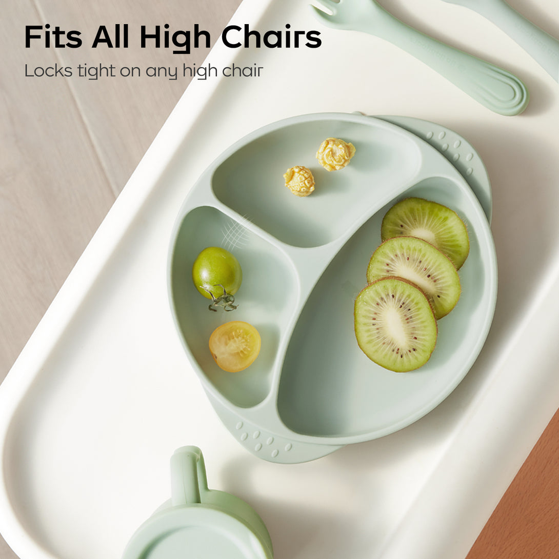 Owl-shaped silicone plate with snacks on high chair tray. Text overlay: 'Fits All High Chairs