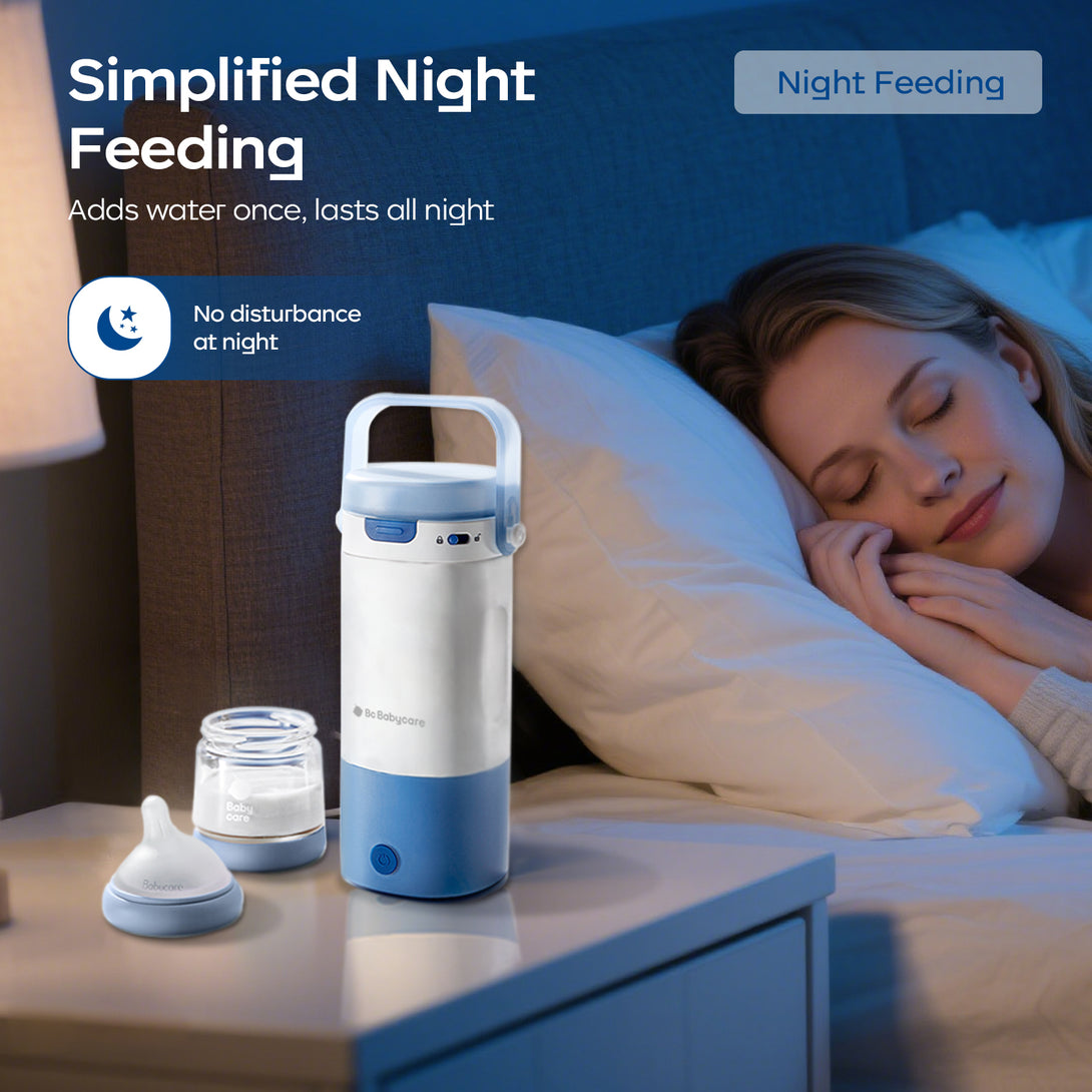 This image depicts a bedside scene for night feeding. A bc babycare portable warmer sits on a nightstand beside a glass baby bottle with its lid, next to a sleeping person. The title "Simplified Night Feeding" is shown, along with the tagline "Adds water once, lasts all night" and an icon indicating "No disturbance at night". It emphasizes the product's convenience for nighttime use.