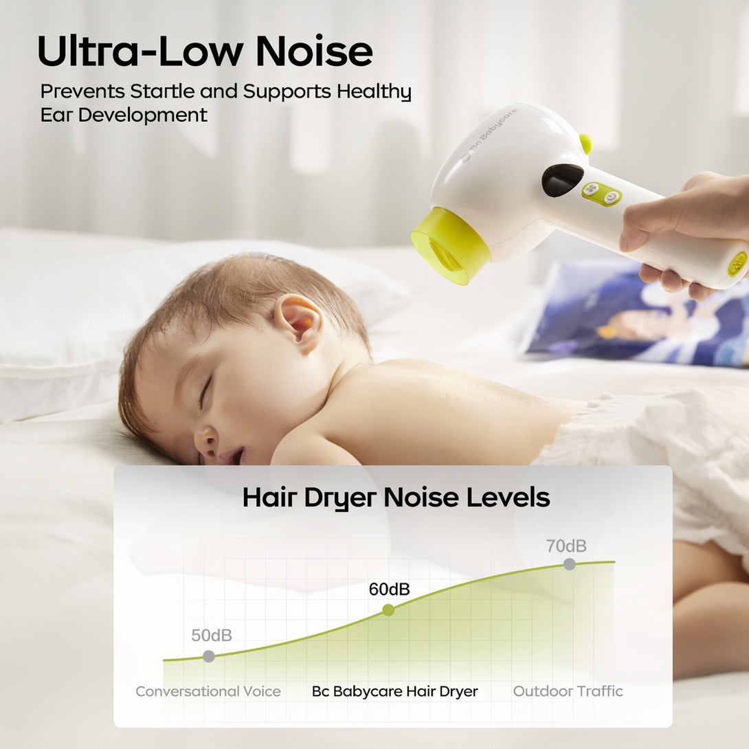 The hair dryer is blowing a sleeping baby, which shows the hair dryer makes ultra-low noise.