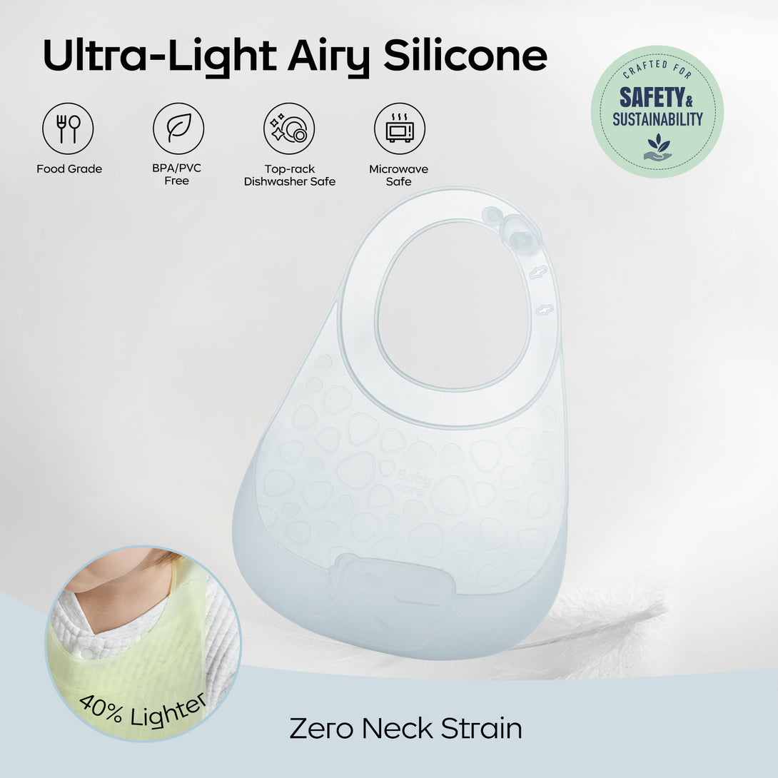 A blue silicone bib ,with tag: Food Grade, BPA/PVC Free, Dishwasher Safe，Microwave safe (top-left). SAFETY & SUSTAINABILITY logo (top-right)