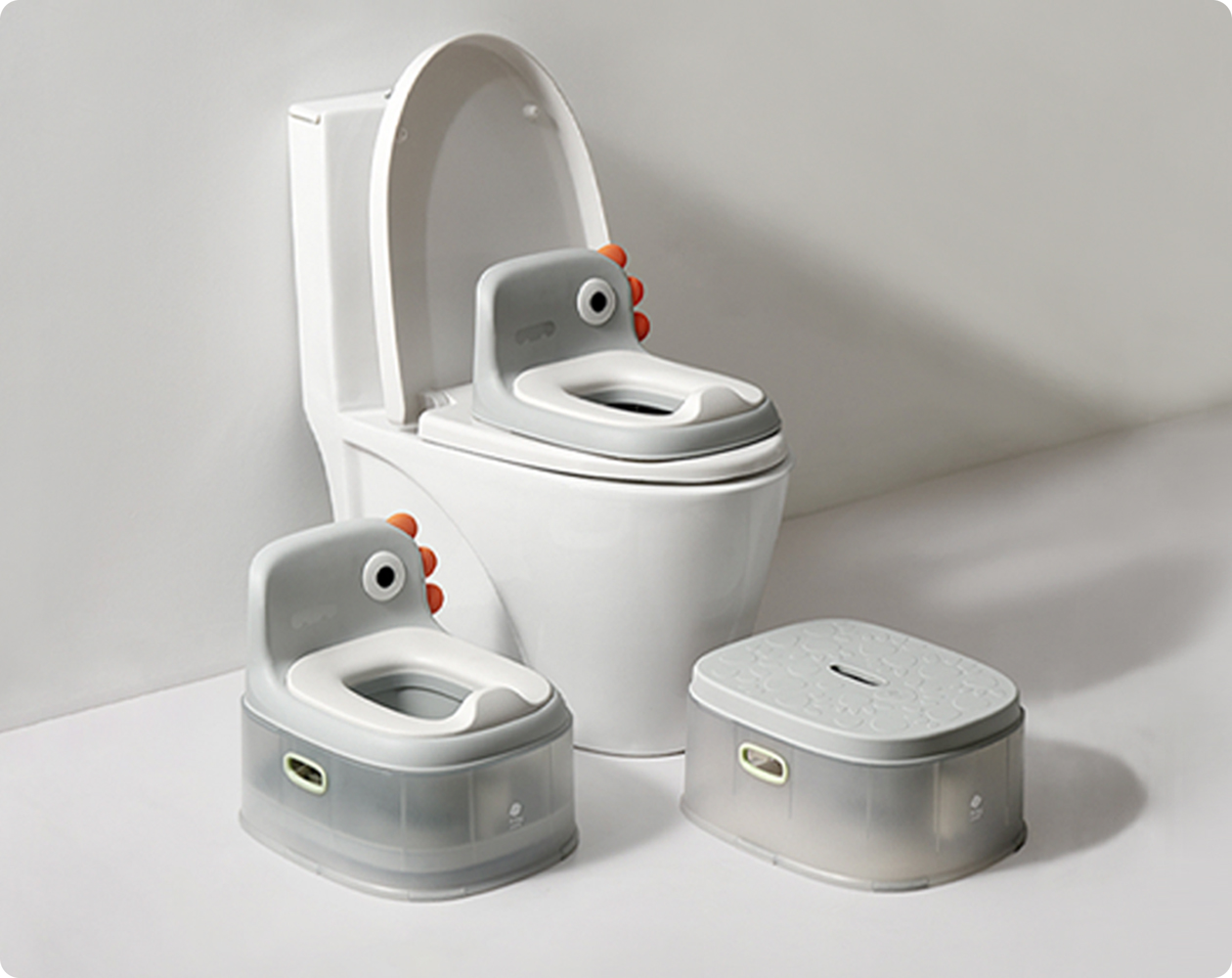 Bc Babycare 3-in-1 Potty Chair shown as a standalone potty, removable toilet seat on a household toilet, and footrest.
