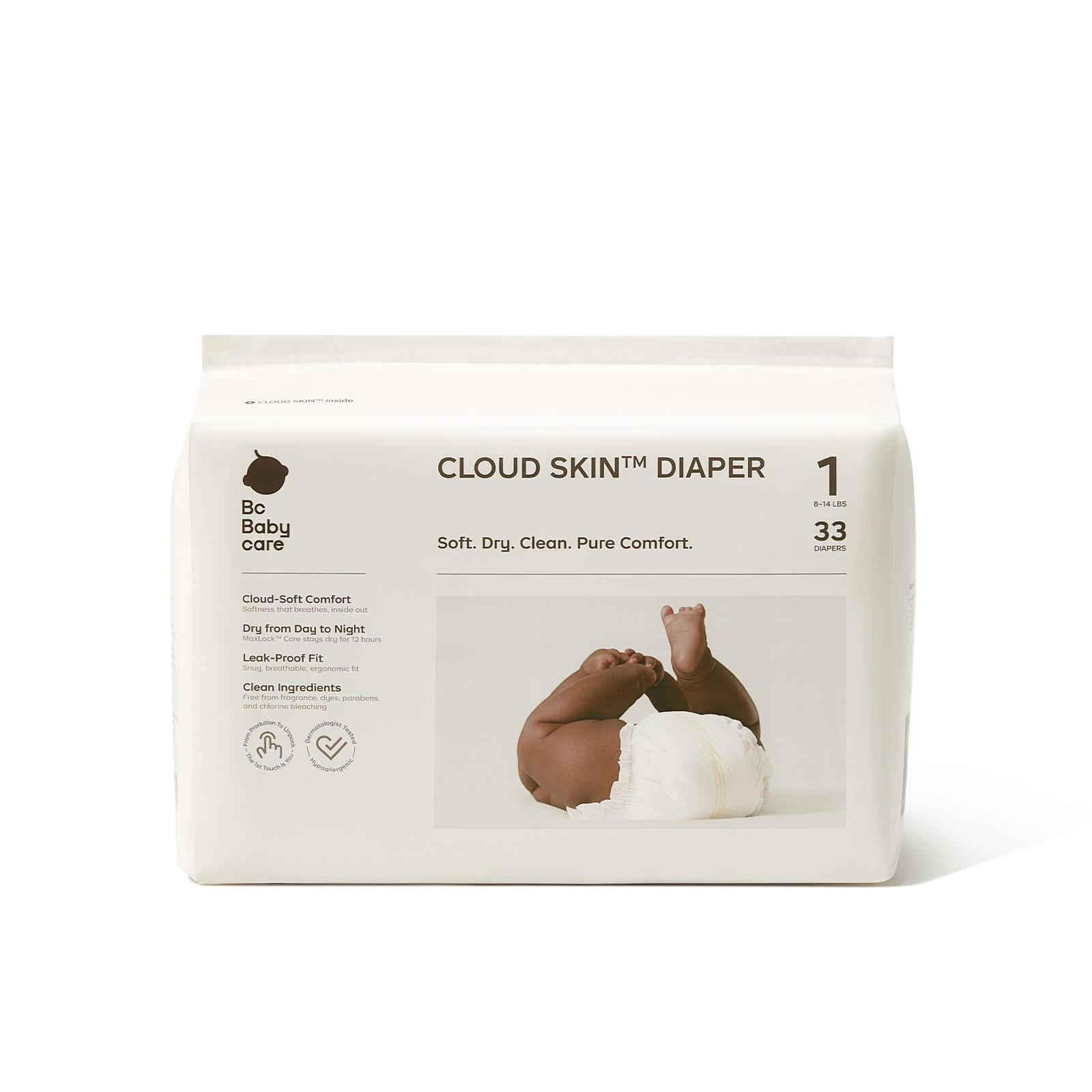 Size_1 | Bc Babycare Cloud Skin Diaper size 1  in standard packs, featuring ultra-soft texture and MaxLock core technology.

