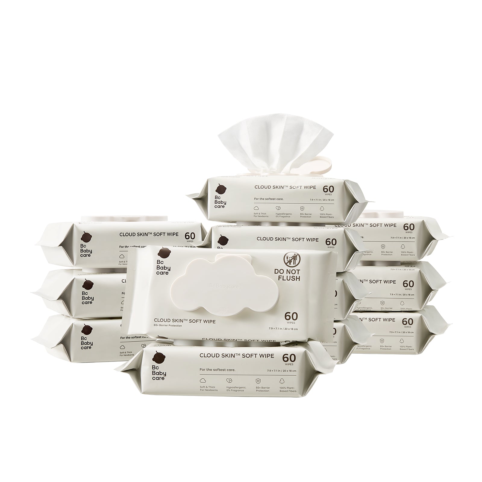 Pack_12 Packs × 60 Wipes | Bulk case of 12 packs Bc Babycare Cloud Skin soft wipes, 60 counts per pack, plant-based fibers for sensitive skin.