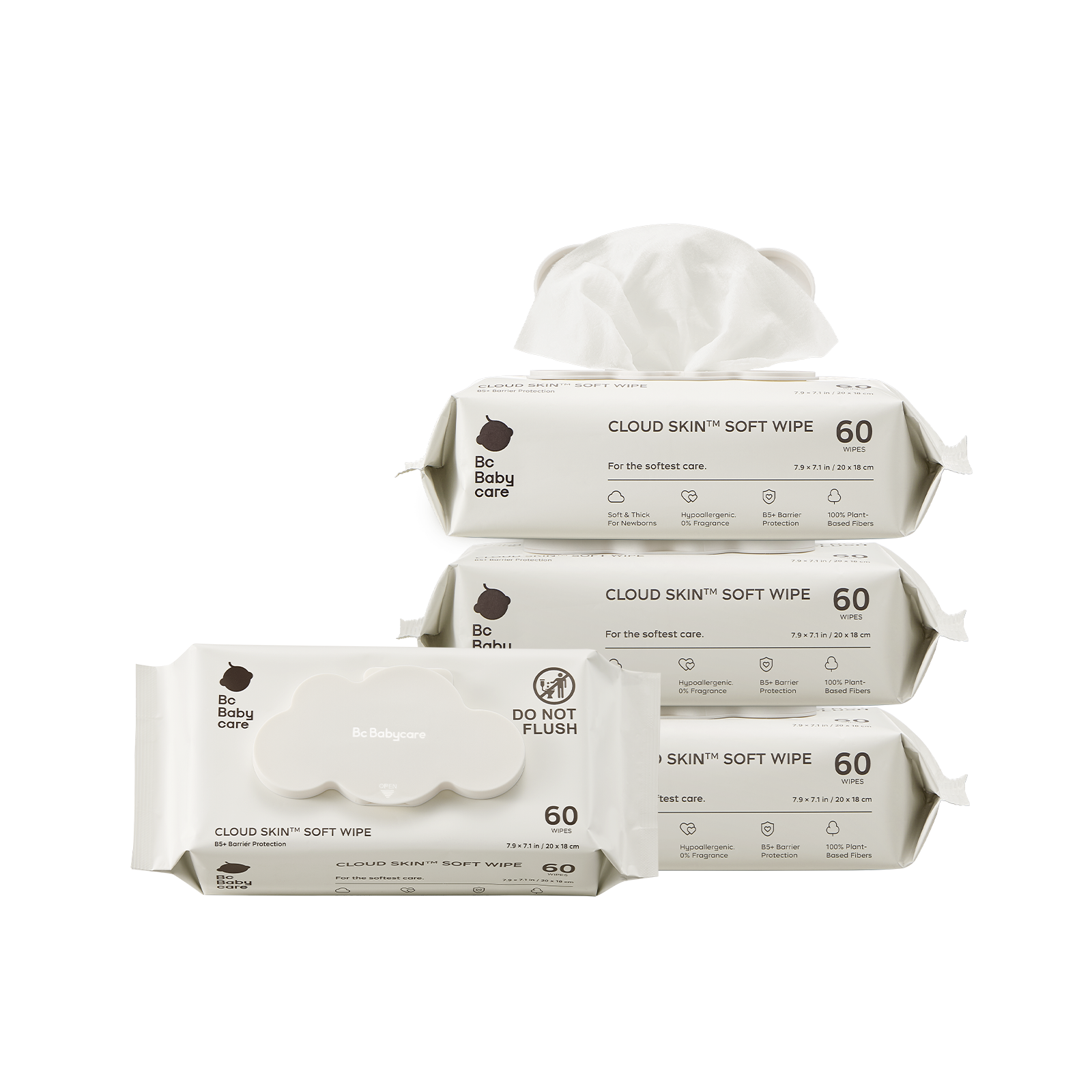 Pack_4 Packs × 60 Wipes | Bc Babycare Cloud Skin soft wipes 4-pack bundle showing cloud-shaped lids, designed for newborns with B5 barrier protection.