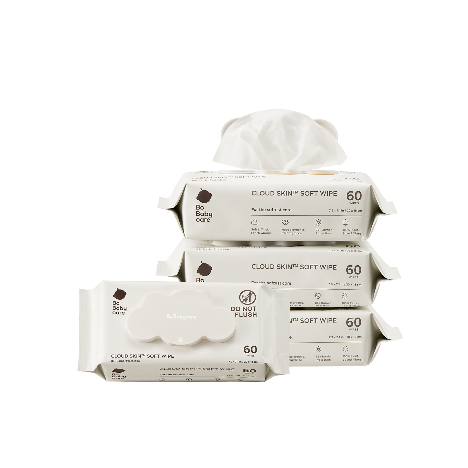 Pack_4 Packs × 60 Wipes | Bc Babycare Cloud Skin soft wipes 4-pack bundle showing cloud-shaped lids, designed for newborns with B5 barrier protection.