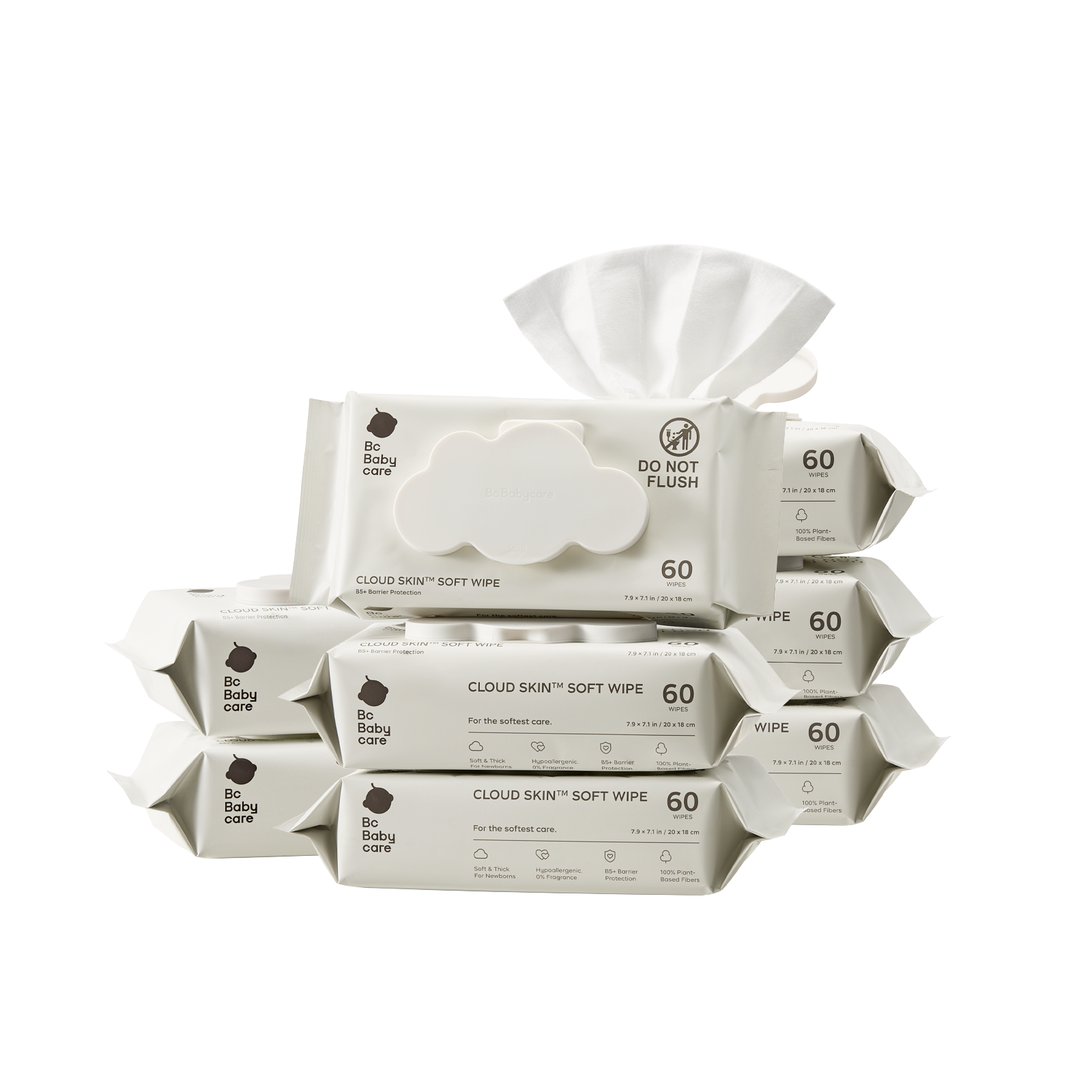 Pack_8 Packs × 60 Wipes | Bulk case of 8 packs Bc Babycare Cloud Skin soft wipes, 60 counts per pack, plant-based fibers for sensitive skin.