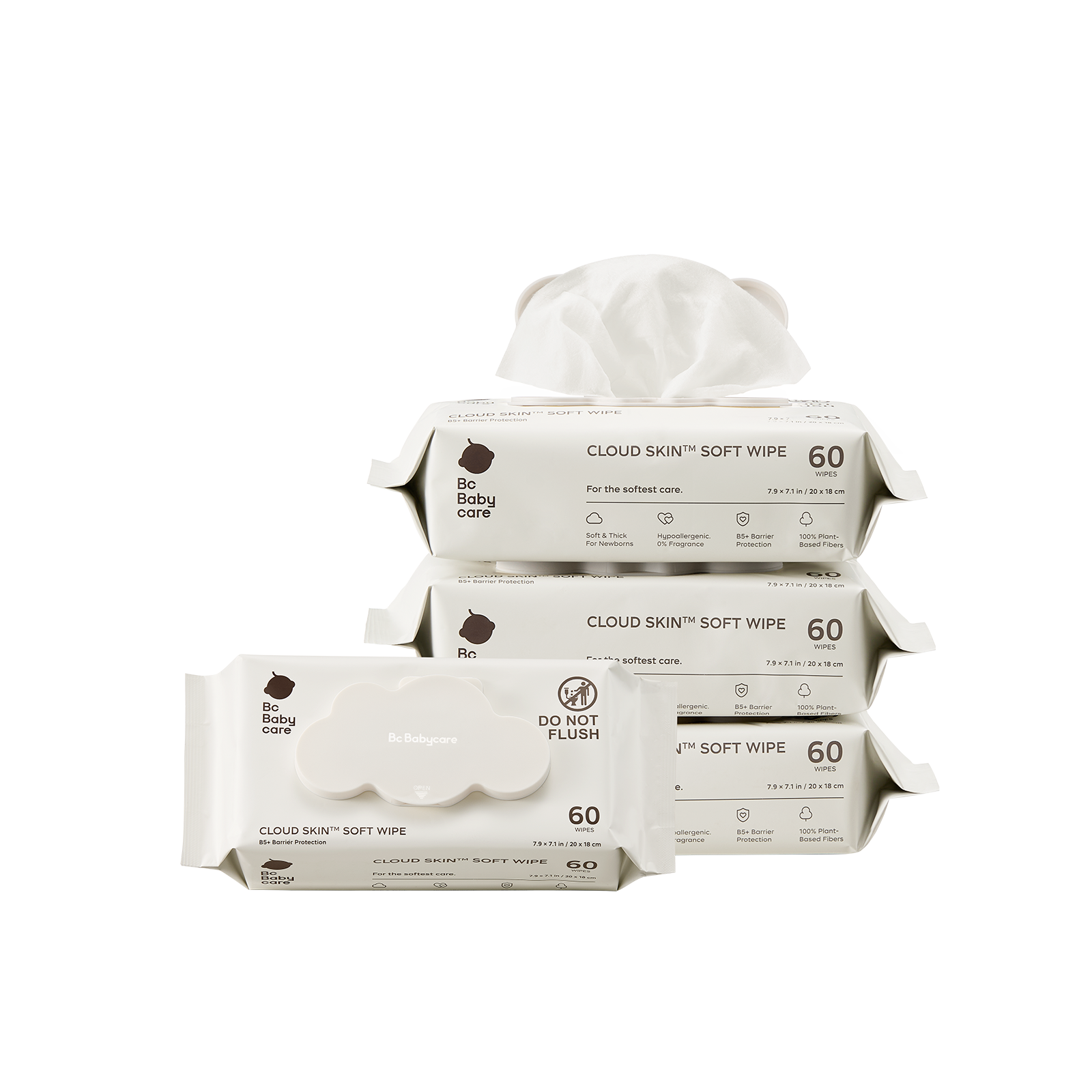 Bc Babycare CLOUD SKIN™ Soft Wipes multipack with 60 wipes per pack and cloud-shaped flip-top lids.