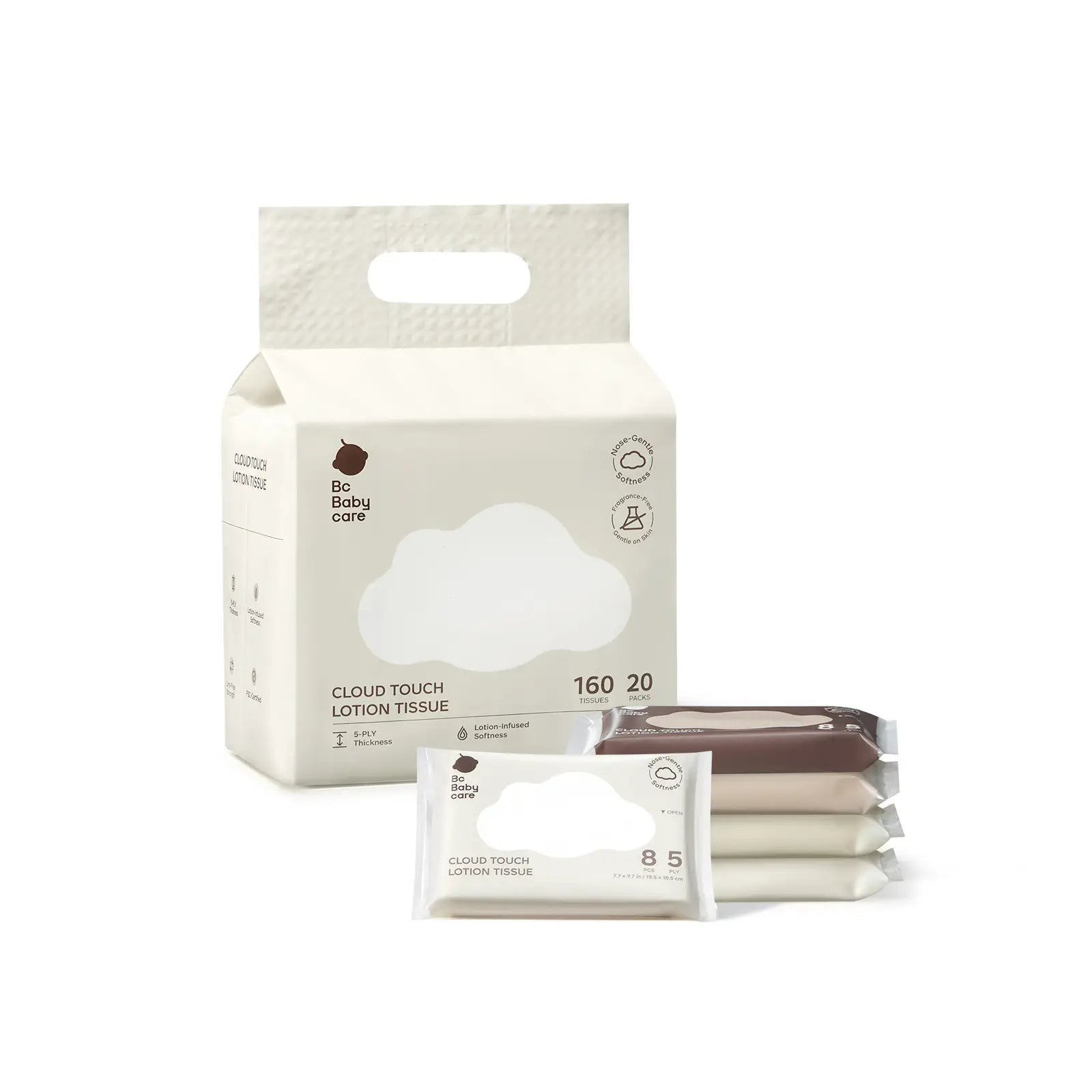 Pack_20 Packs × 8 Tissues | A large carry-handle bag containing 20 packs of BC Babycare Cloud Touch Travel Tissues, showing individual 8-count portable mini tissue packs in mixed neutral shades.
