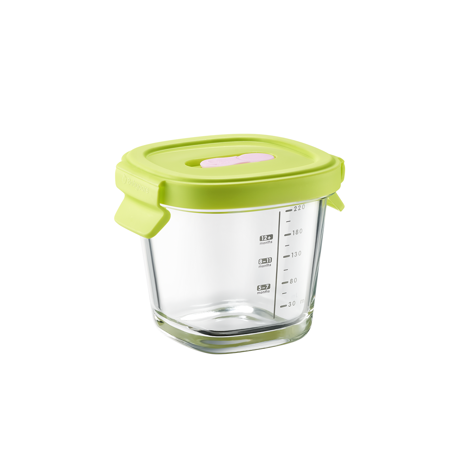 Bc Babycare 7.43oz borosilicate glass baby food container in Force Green, featuring high thermal shock resistance.