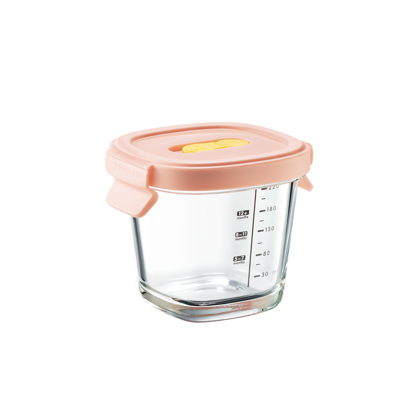 Bc Babycare 7.43oz borosilicate glass baby food container in Soft Pink, featuring high thermal shock resistance.