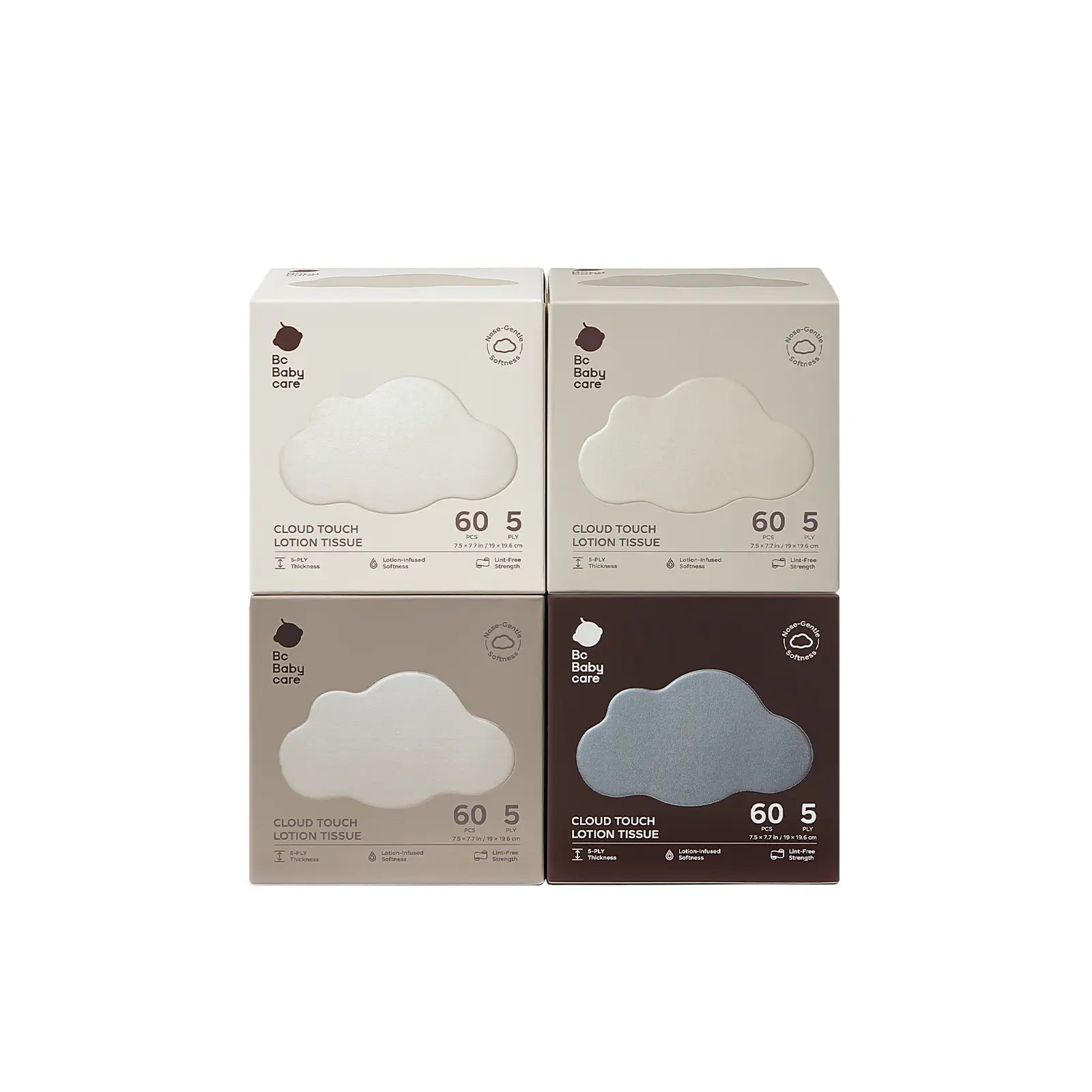 Pack_4 Packs × 60 Tissues | A 4-pack bundle of BC Babycare Cloud Touch Lotion Tissue boxes in minimalist earth-toned packaging, highlighting the 60-count 5-ply ultra-soft tissue for family use.