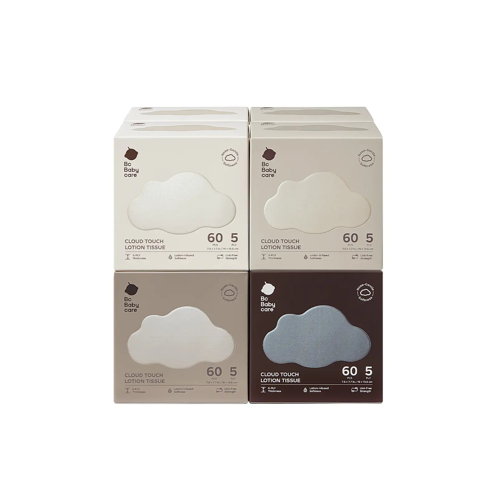 Pack_8 Packs × 60 Tissues | An 8-pack value bundle of BC Babycare Cloud Touch Lotion Tissue, showcasing two rows of stacked cream and brown boxes for sensitive skin care bulk stock.