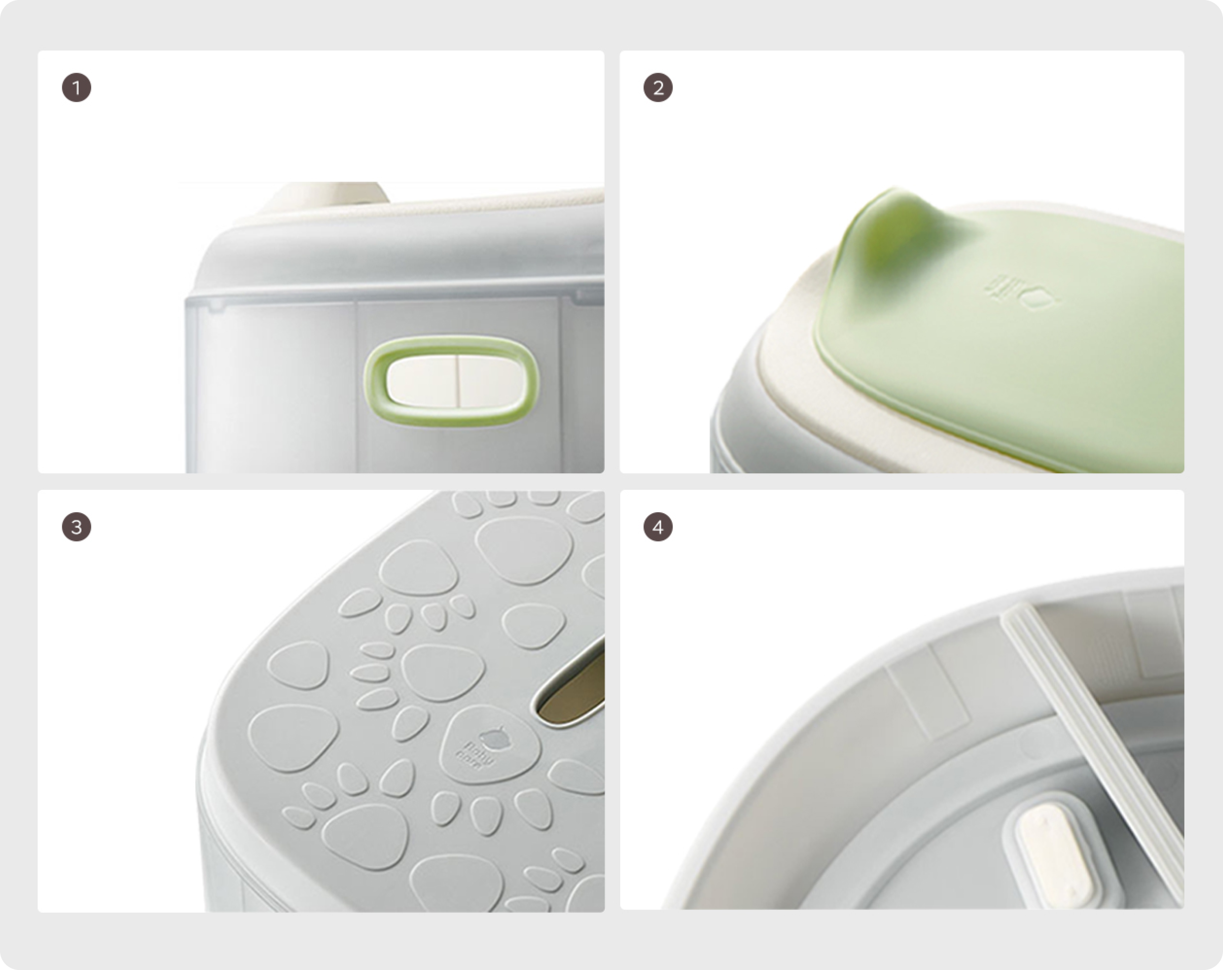 Close-up details of the Bc Babycare Potty Chair including rounded handles, lid, textured footrest surface, and anti-slip base.