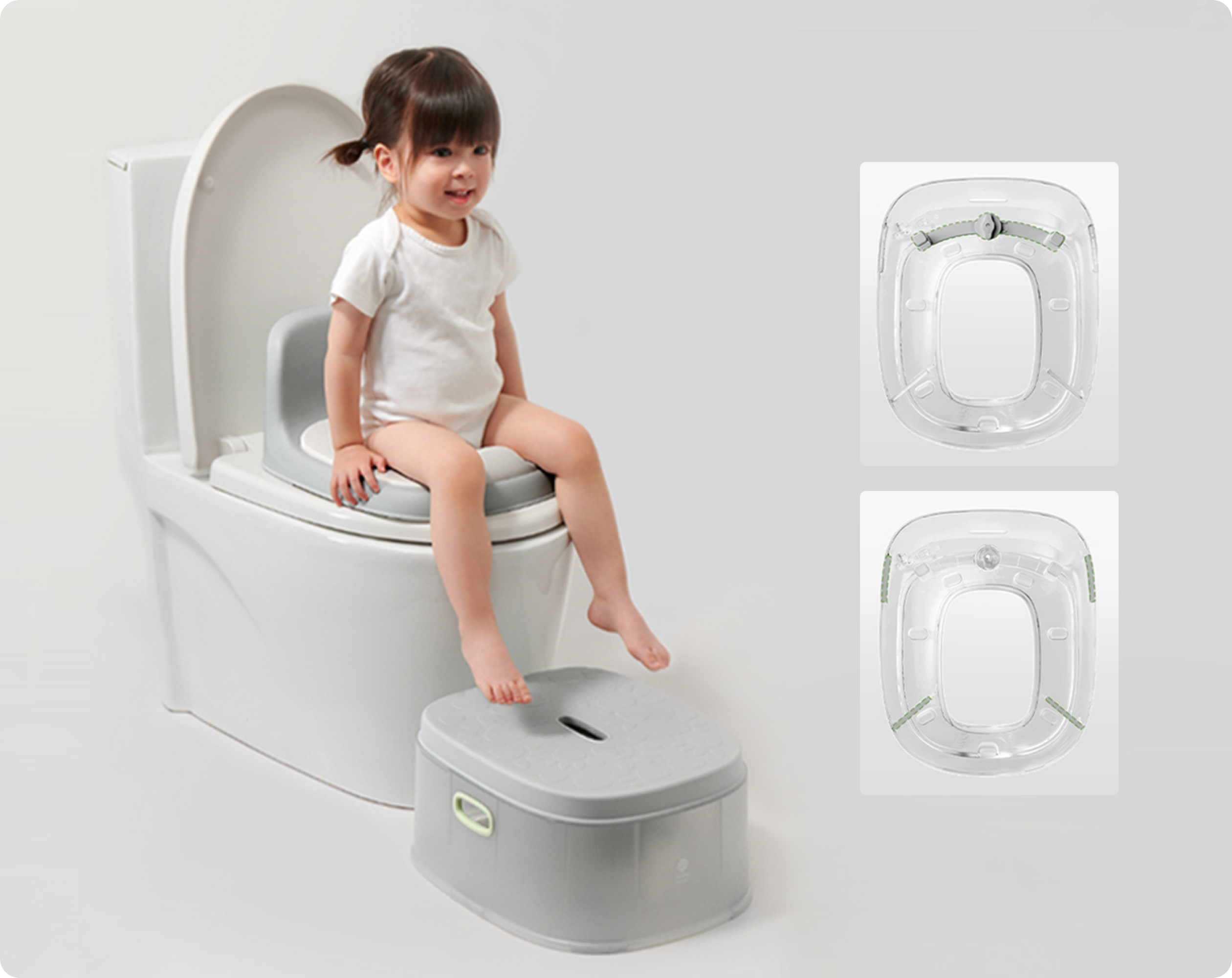 Child using the Bc Babycare removable potty seat on a household toilet, with anti-slip contact points shown beside it.