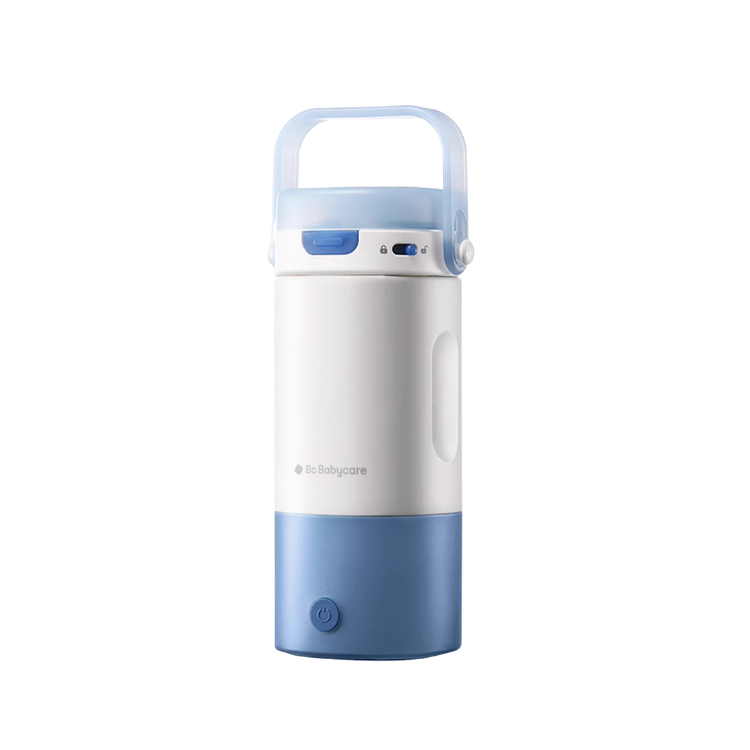This is a simple white - background image showcasing the bc babycare Portable Water and Milk Warmer. The device features a sleek design with a combination of white and blue colors. It has a handle on top for easy carrying, and a button is visible at the bottom. The brand name "bc babycare" is clearly printed on the body of the warmer.