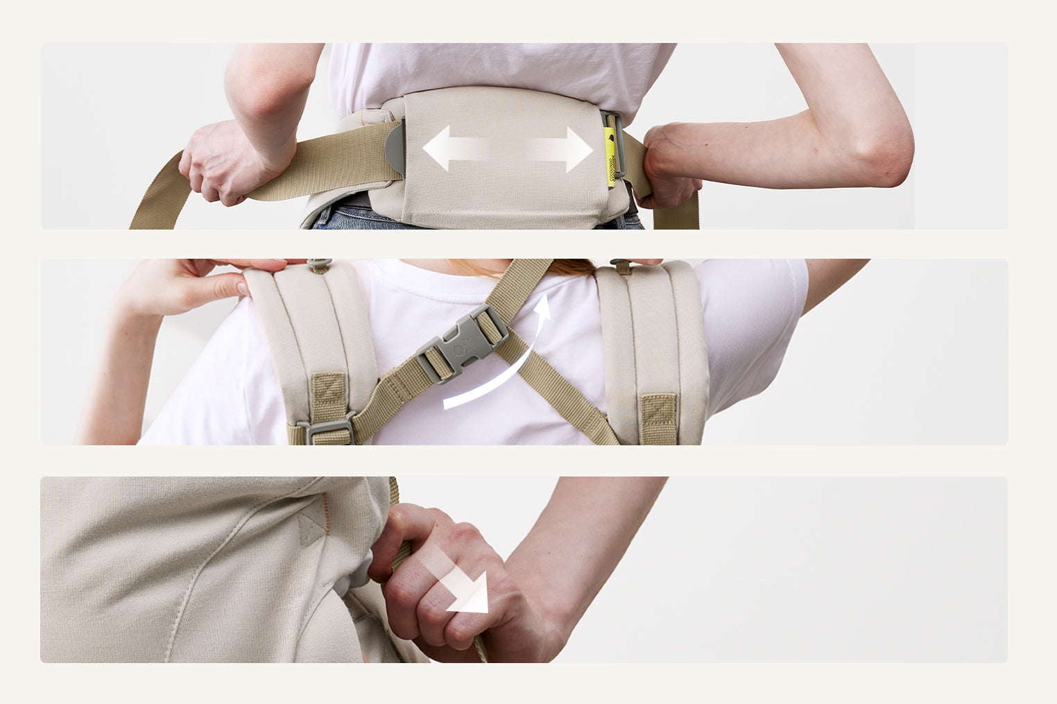 Close-up of the CocoonGo Baby Carrier adjustable waist belt being tightened for a secure fit.