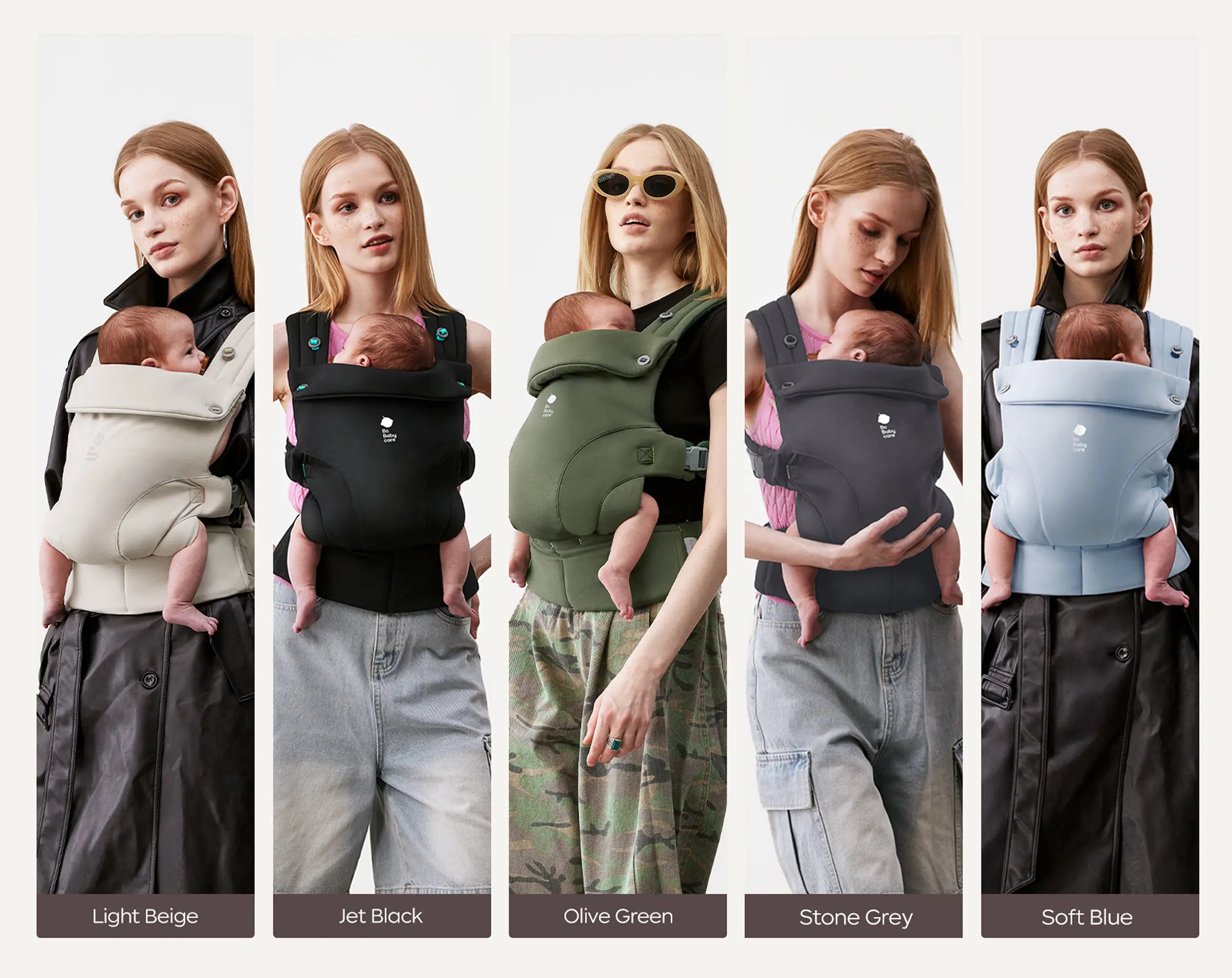 CocoonGo Baby Carrier shown in multiple color options including Stone Grey, Soft Blue, Jet Black, Olive Green and Light Beige.