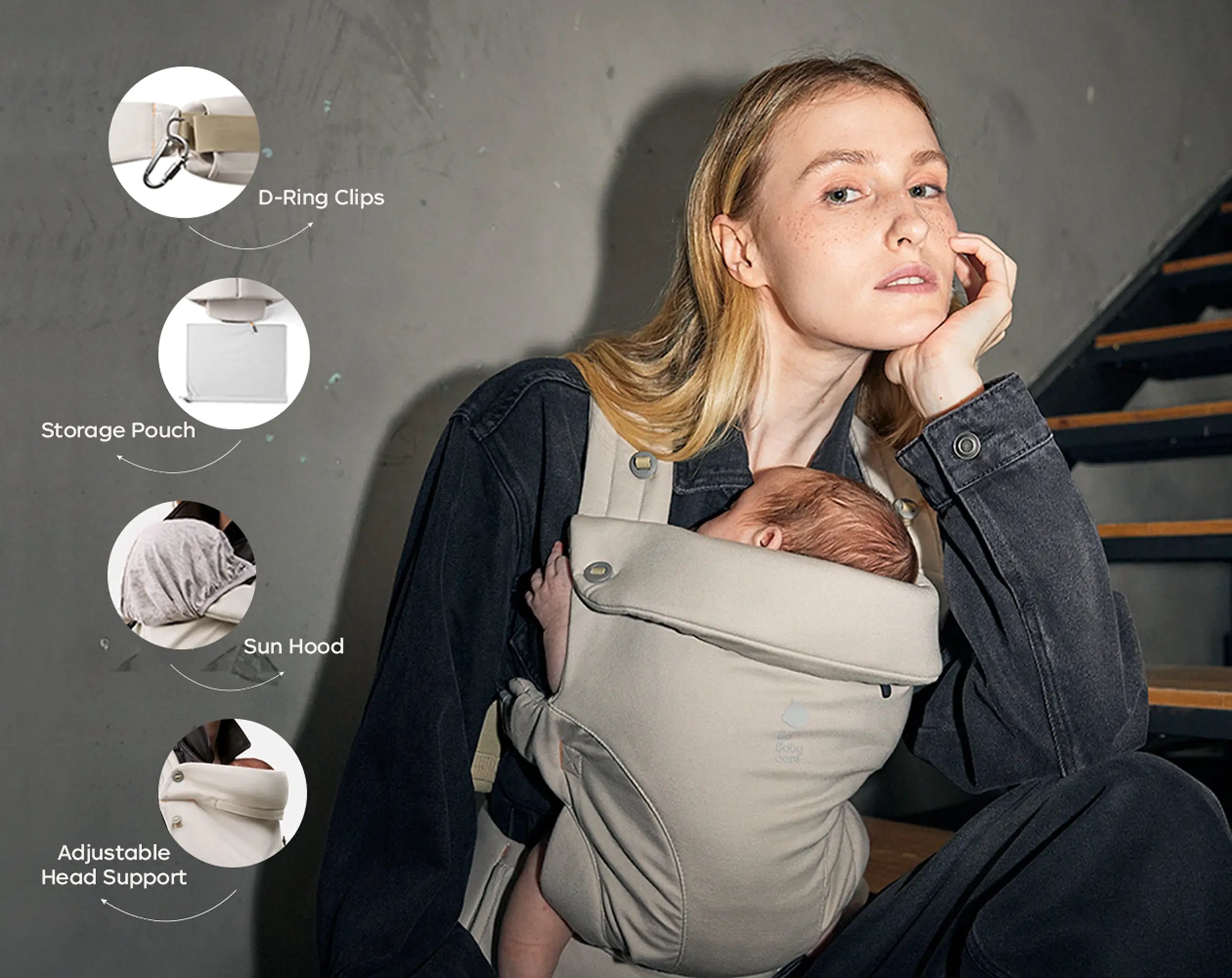 CocoonGo Baby Carrier showing D-ring clips, storage pouch, sun hood and adjustable head support for outings.