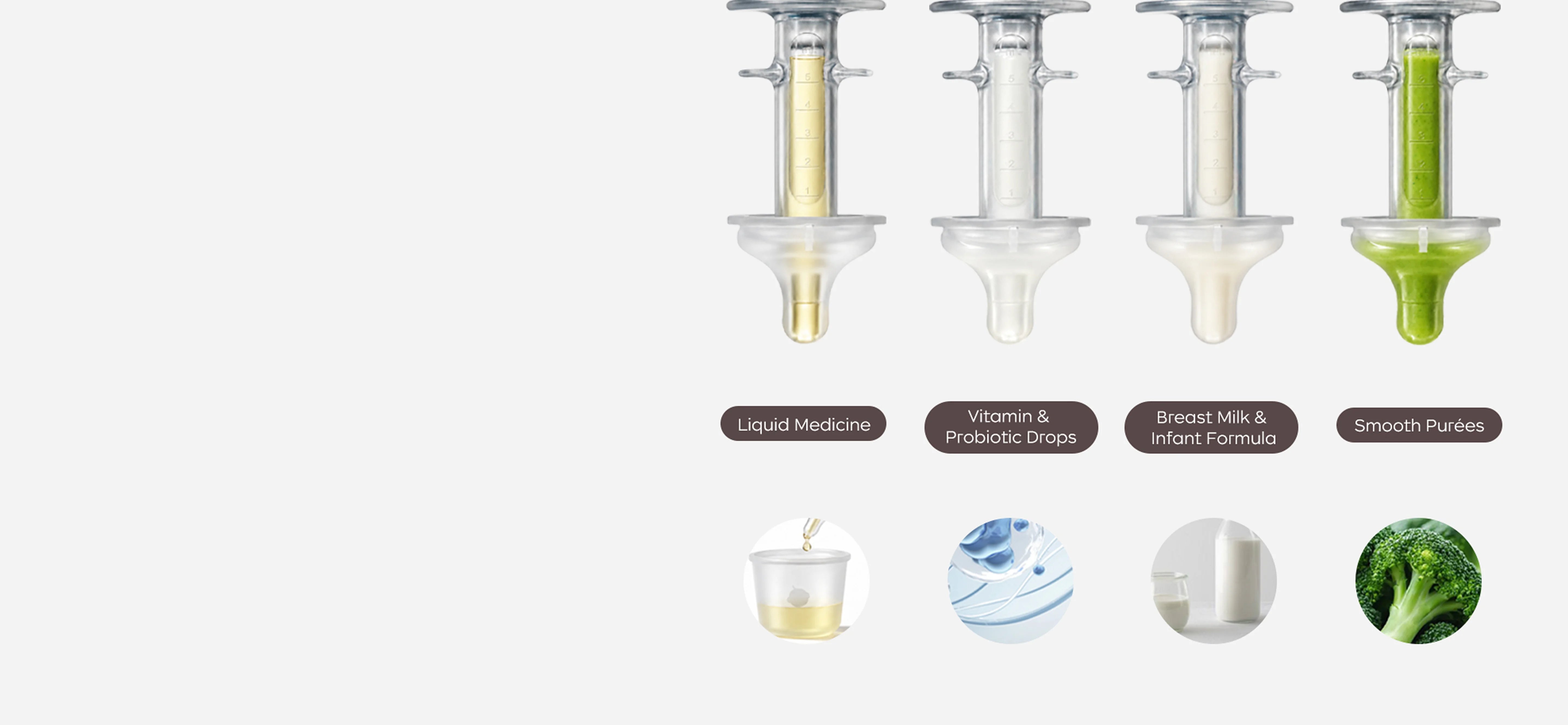 NouriPod baby liquid medicine dispenser for age-appropriate liquid medicine, vitamin drops, infant formula, and smooth purées.
