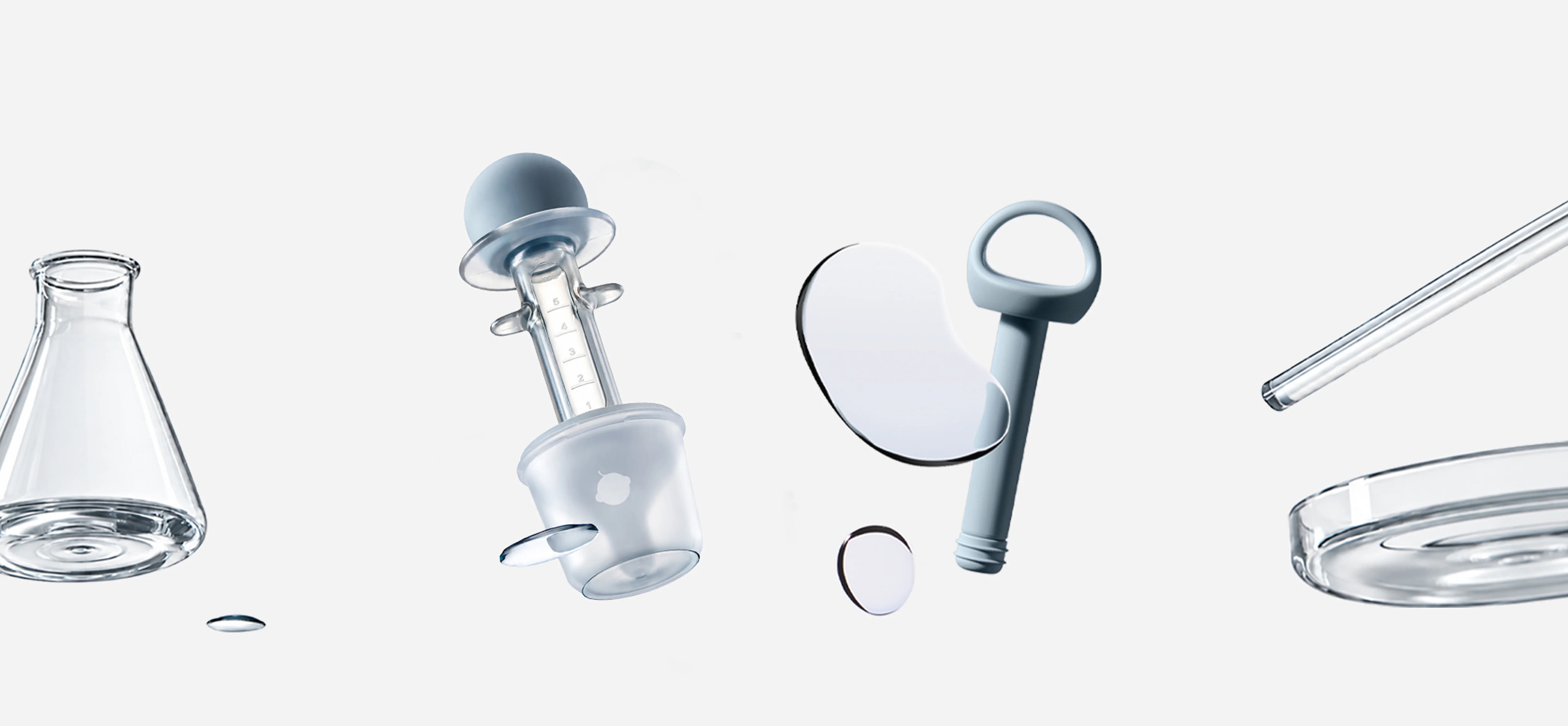 NouriPod baby medicine dispenser components including the dosing syringe, silicone bulb, nipple, measuring cup, and plunger.
