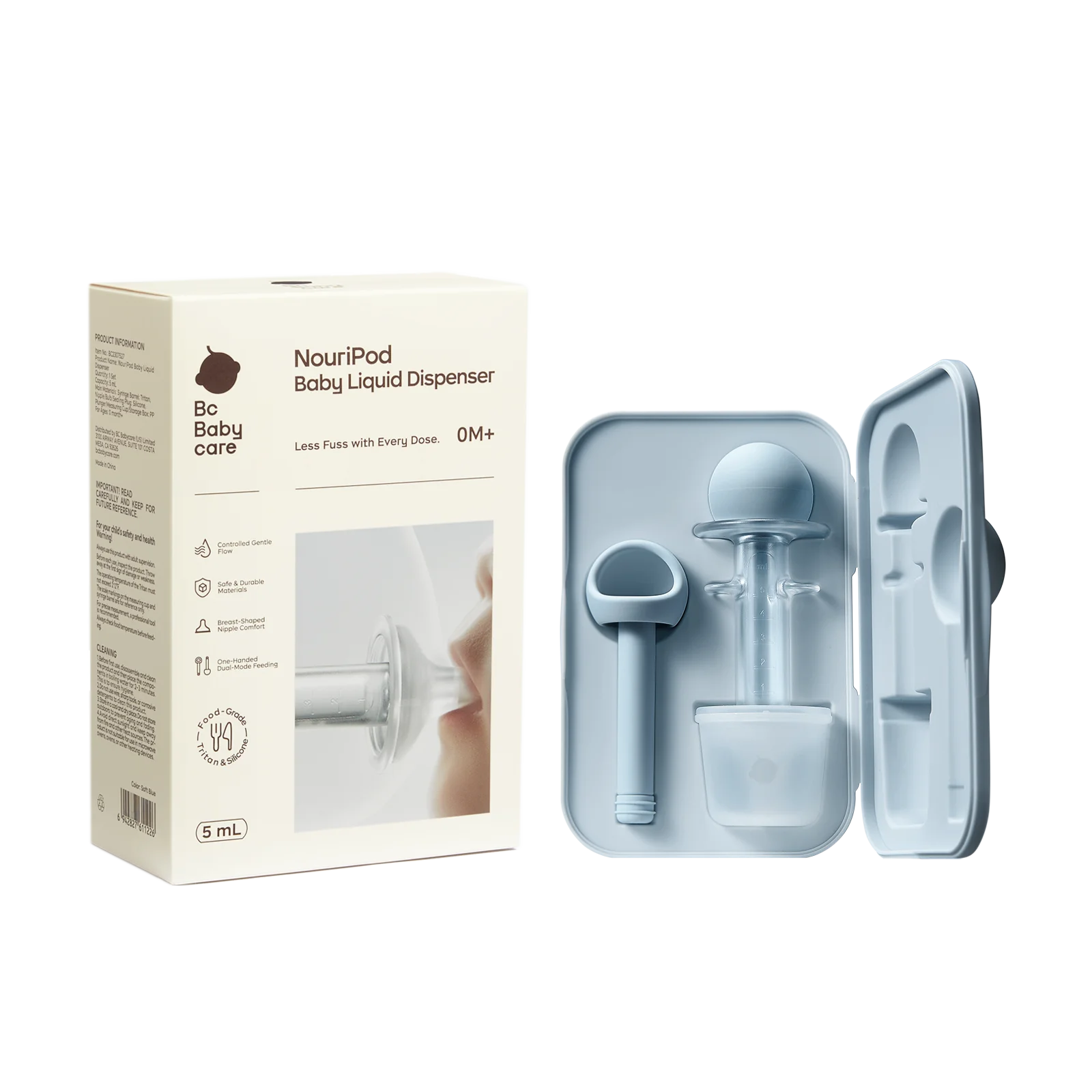 NouriPod baby medicine dispenser product set with dosing syringe, accessories, storage case, and packaging.