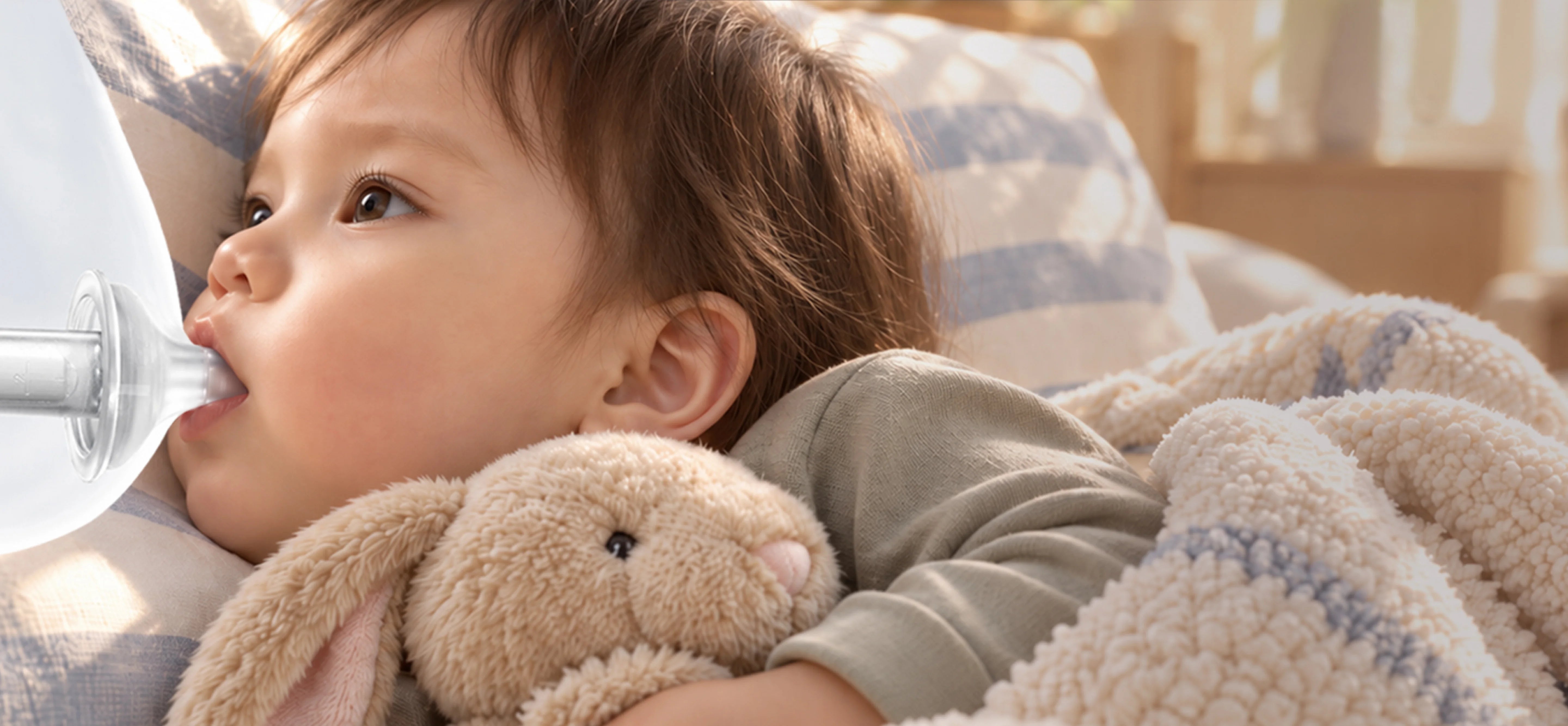 Baby using the NouriPod medicine dispenser with a soft, breast-shaped silicone nipple.