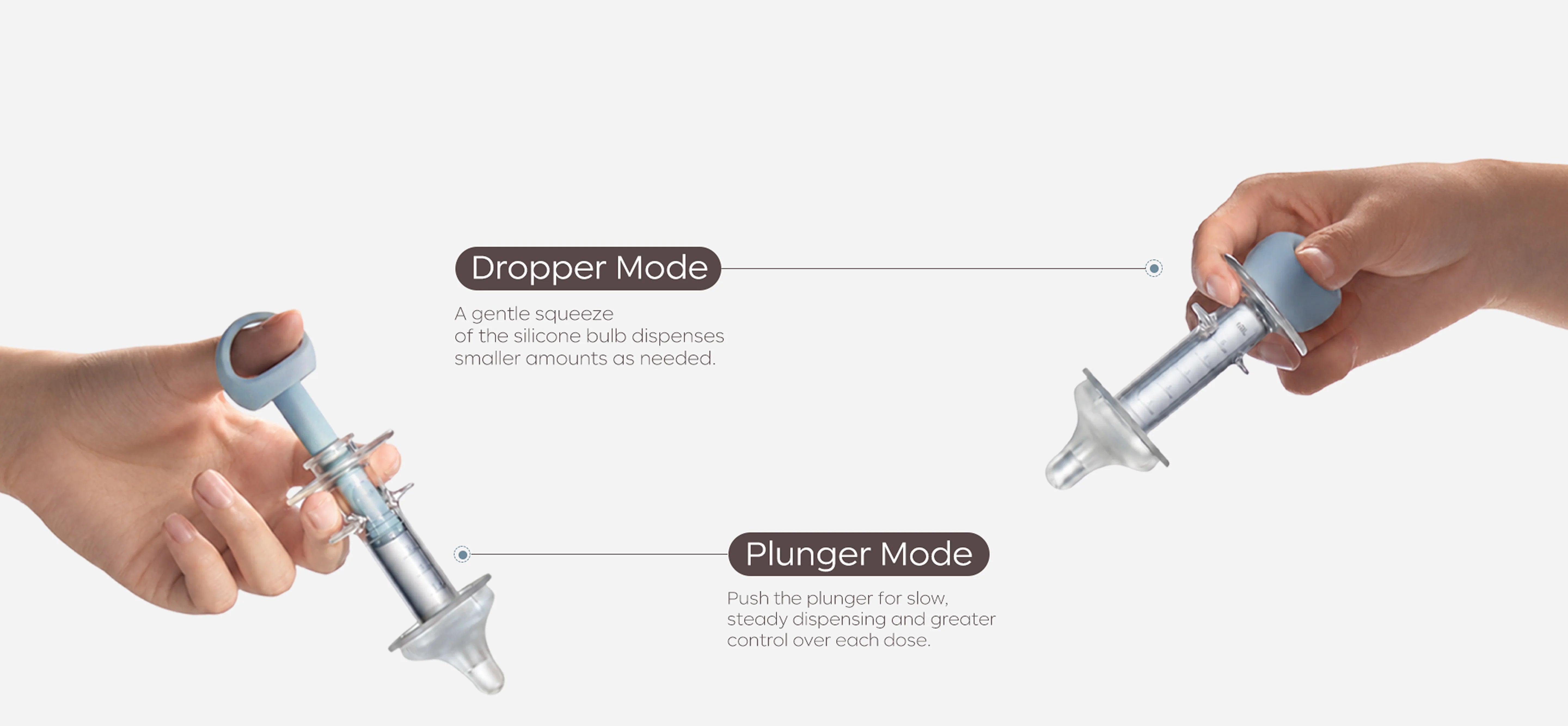 NouriPod liquid medicine dispenser showing dropper mode and plunger mode for one-handed feeding control.