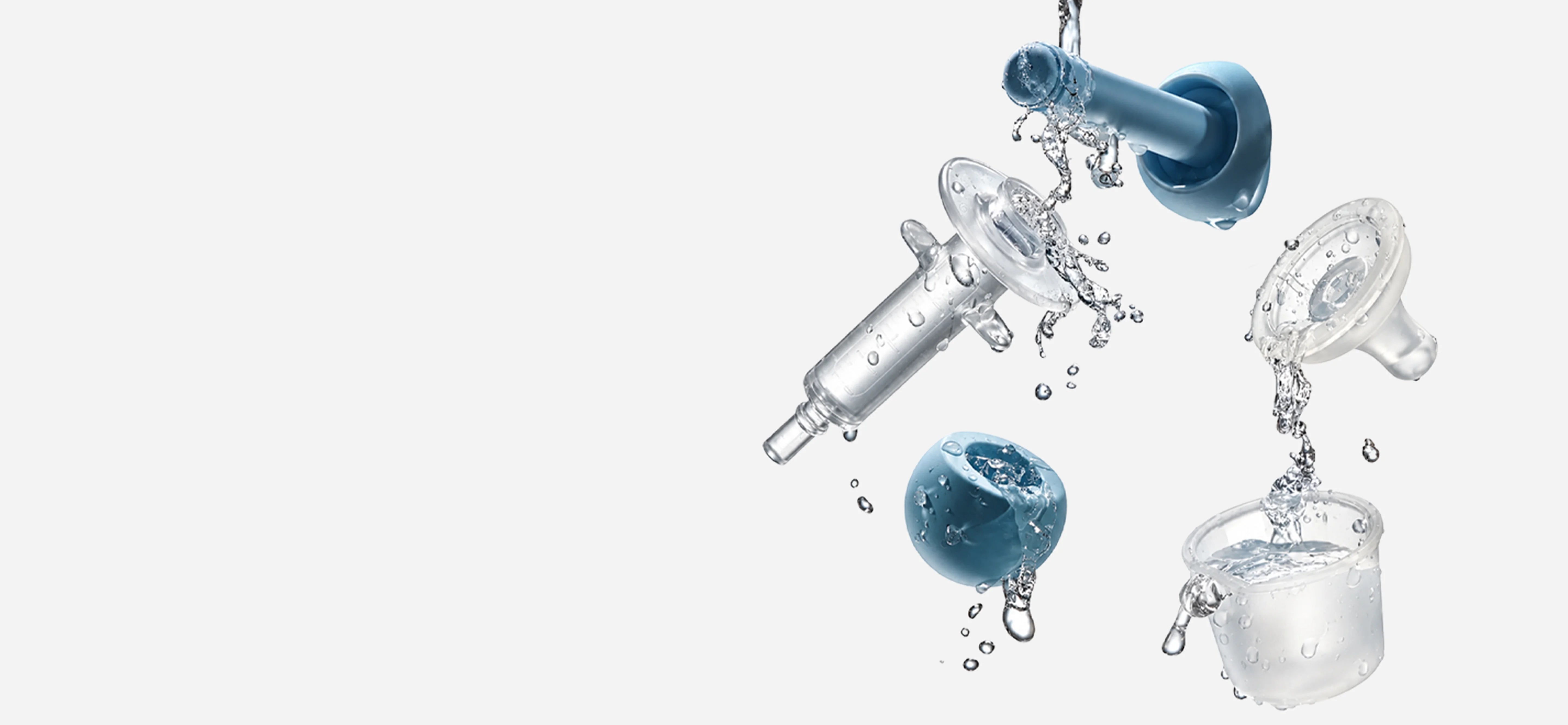 Fully detachable NouriPod pacifier syringe components designed for easy rinsing and cleaning.